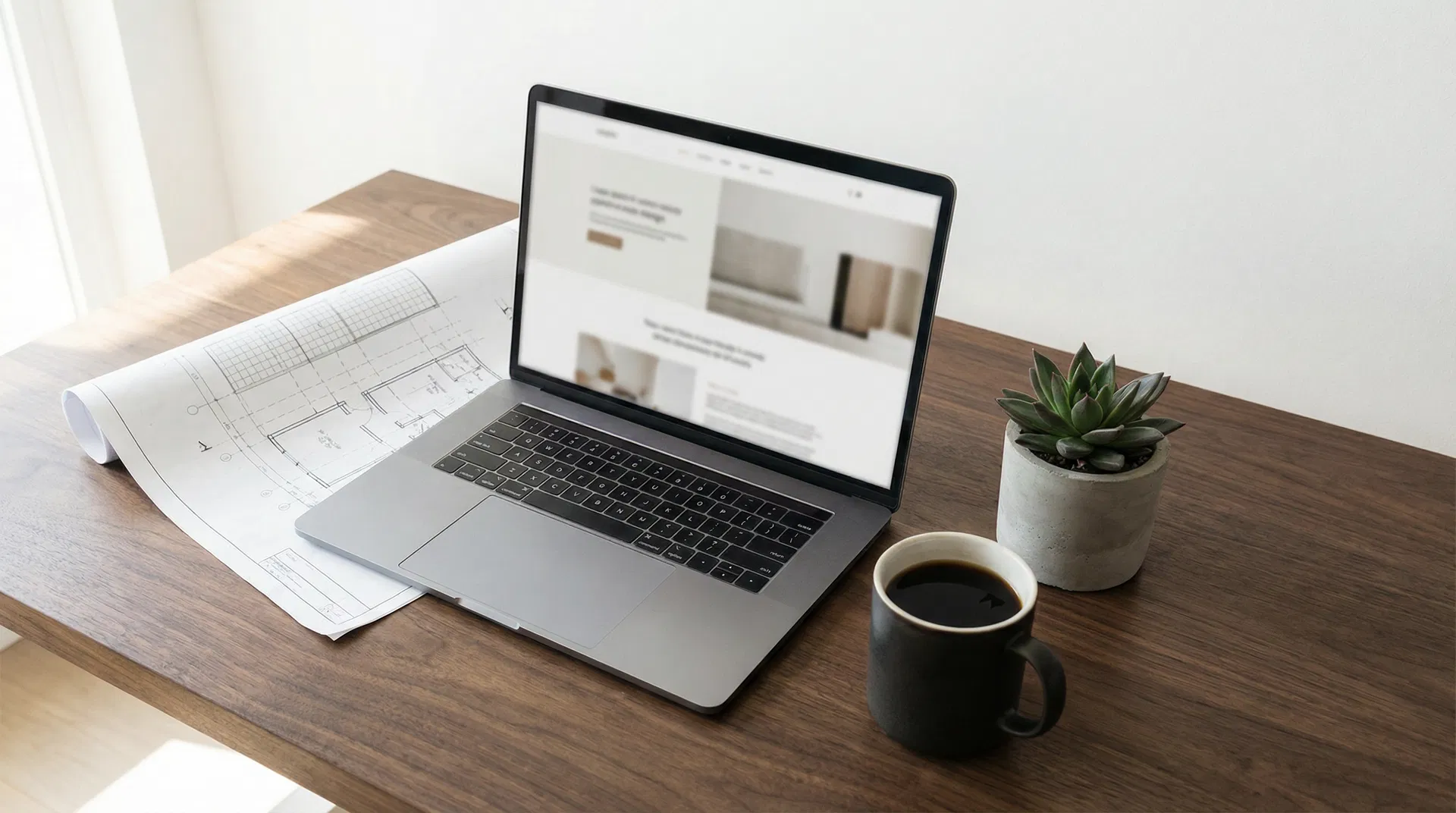 Professional workspace with laptop showing a website