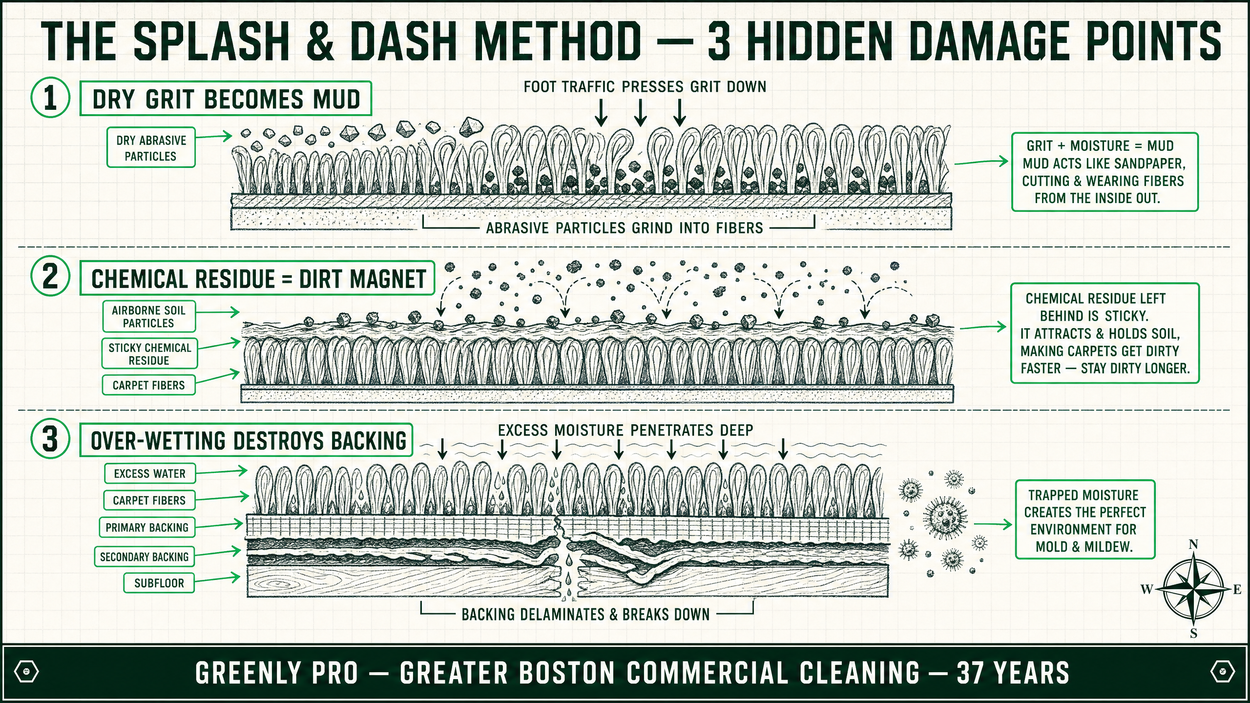 Commercial carpet cleaning SOP damage — infographic showing how the splash and dash extraction method destroys carpet fibers, leaves chemical residue, and causes mold. Greenly PRO Boston facility management.