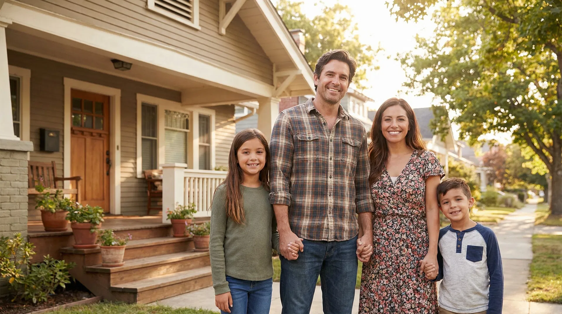 Happy family in front of their home