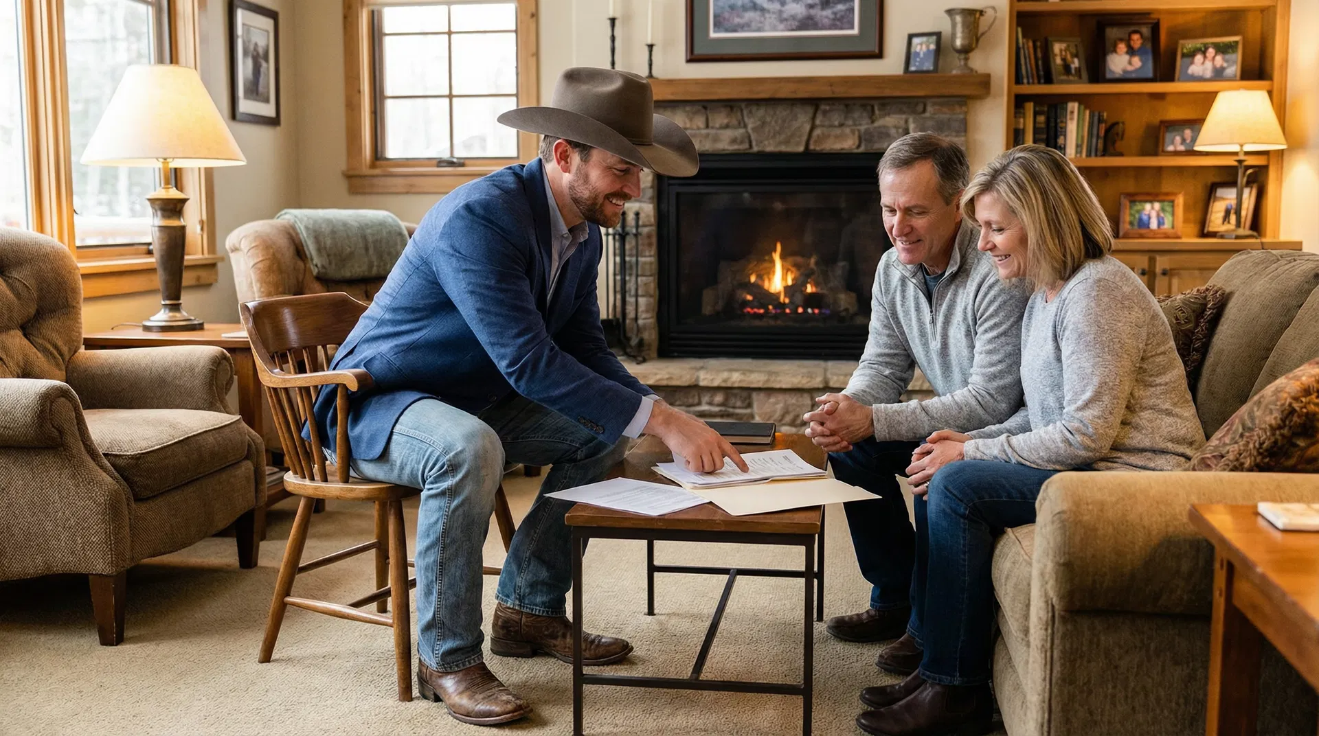 Texas advisor in cowboy hat helping family in living room