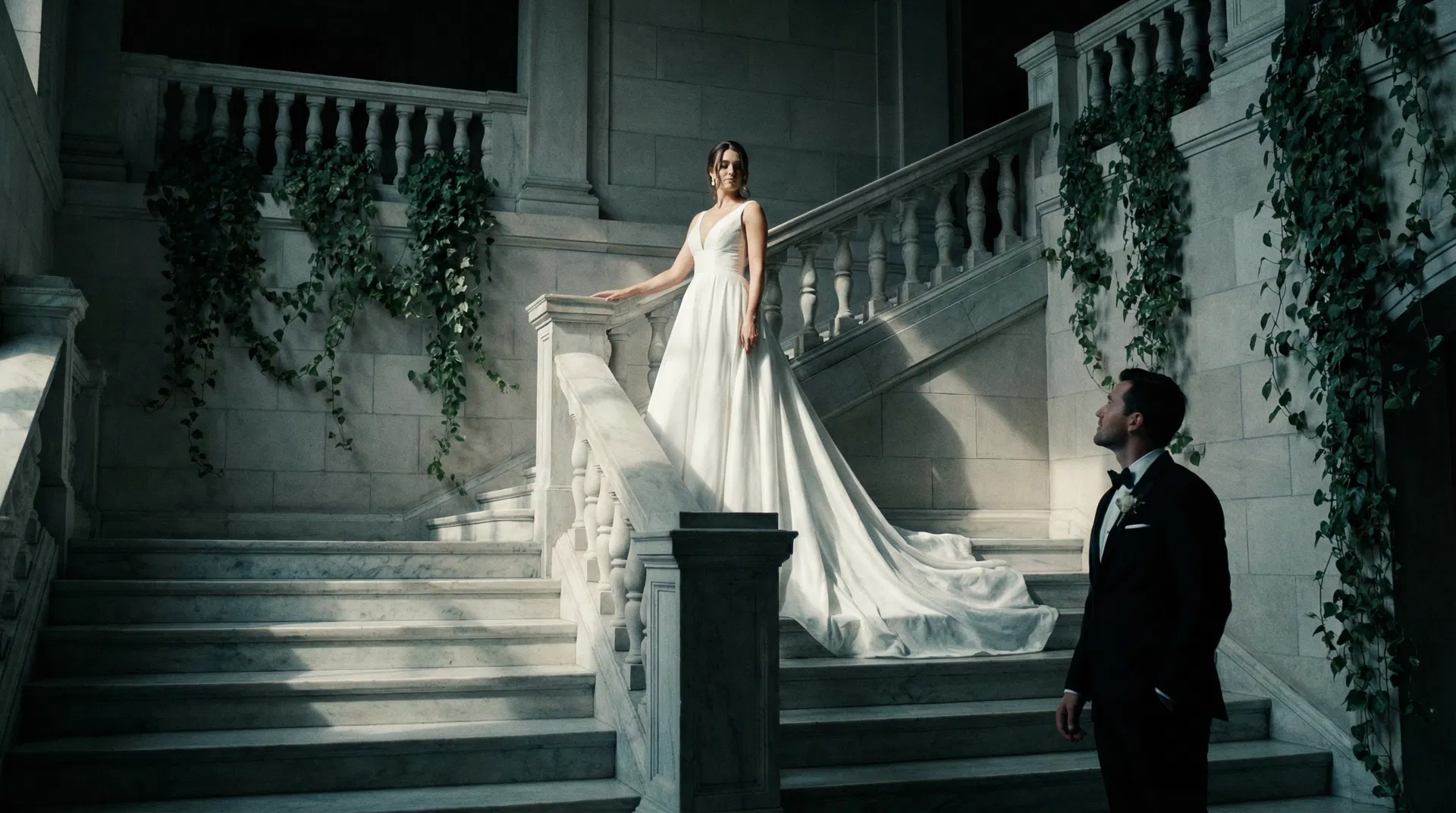 Luxury wedding on marble staircase