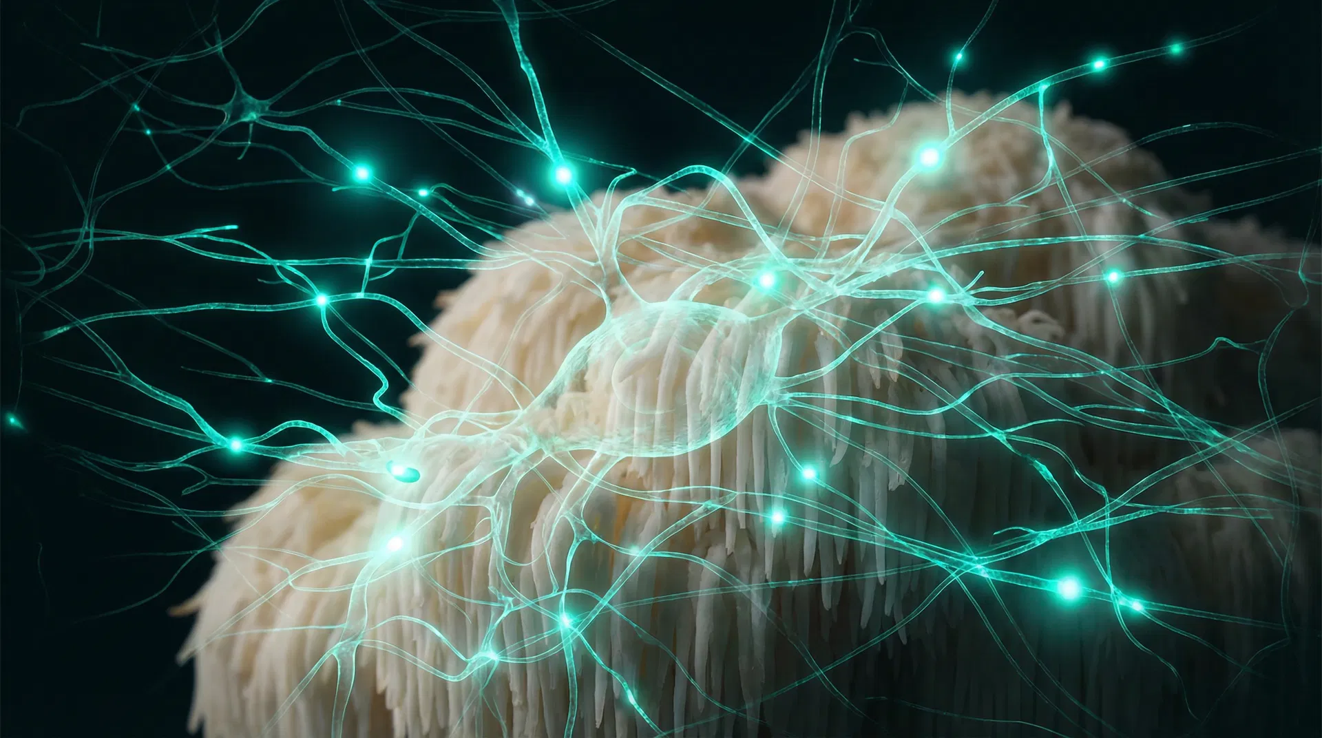Lion's Mane mushroom with glowing teal neural network overlay representing NGF stimulation