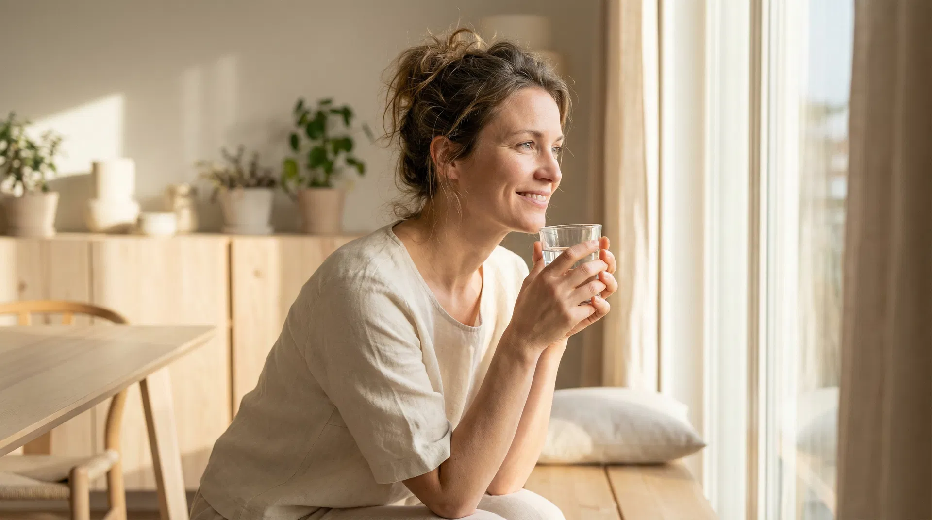 Zufriedene Frau mit ihrer Morgenroutine