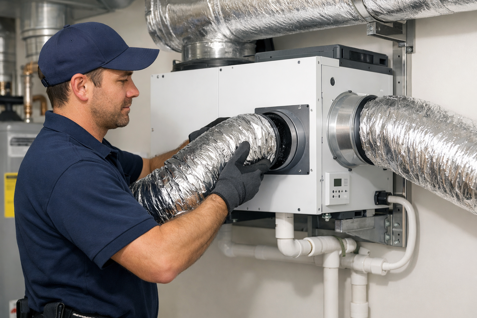 HVAC Technician Installing Dehumidifier
