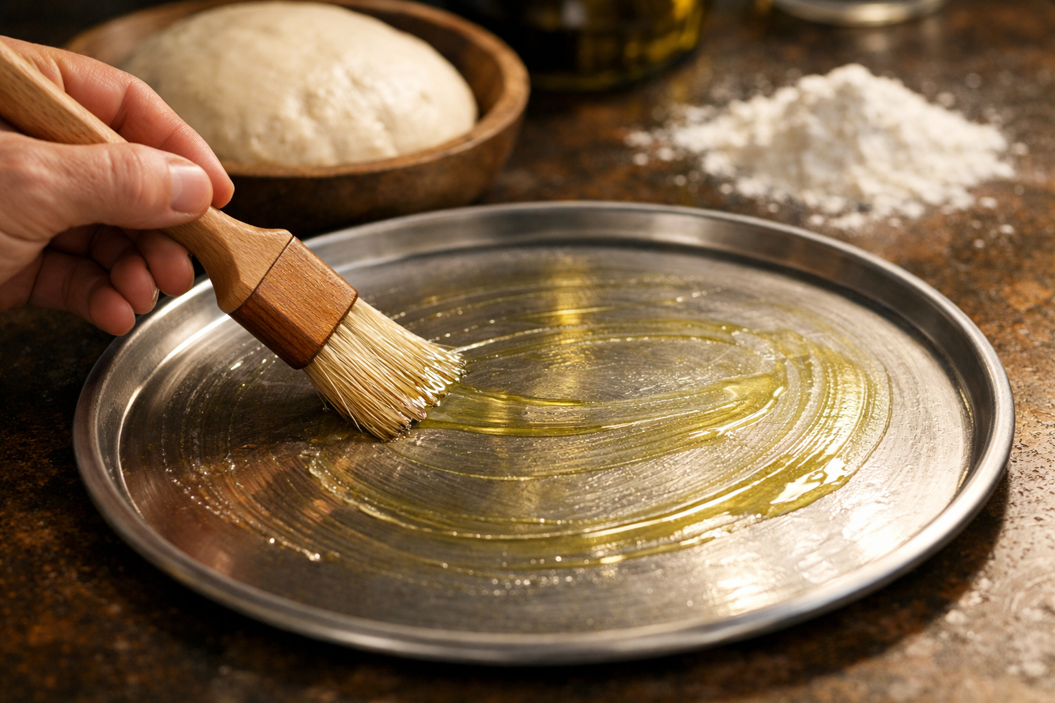 Greasing a Pizza Pan with a Brush