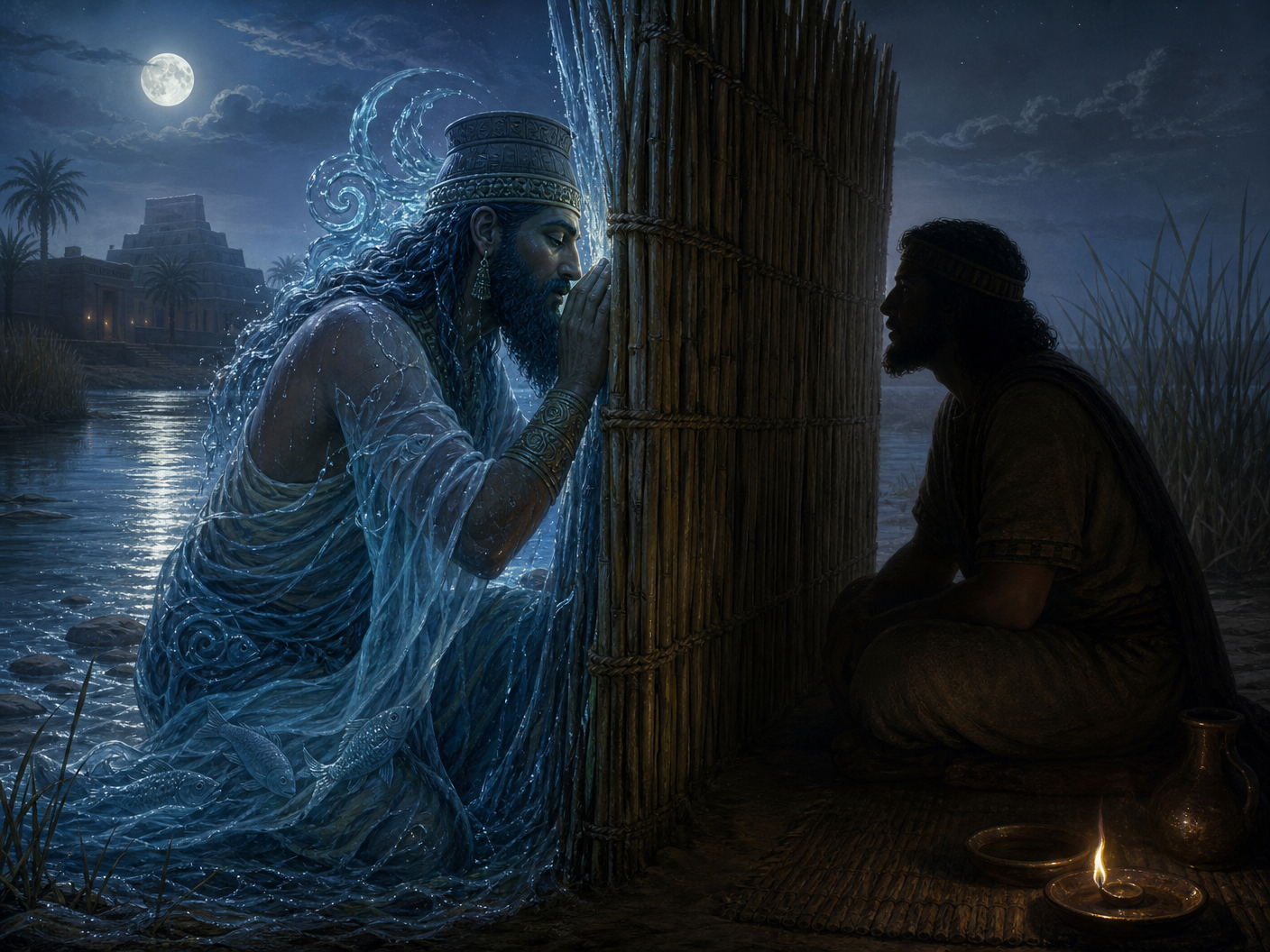 The Secret Warning: Enki whispers to the reed wall to preserve life without breaking his oath.