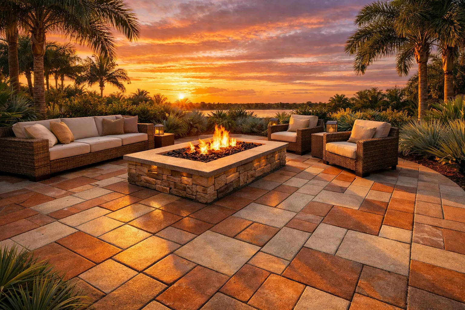 Luxury paver patio with fire pit at sunset