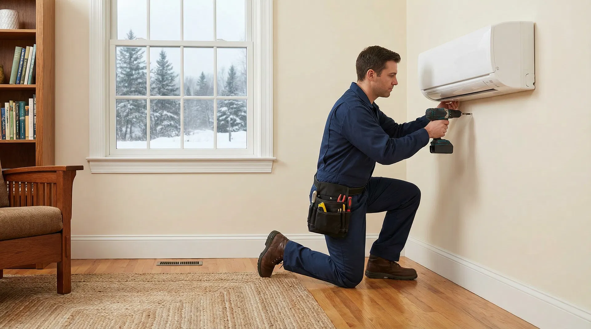 Hita technician installing a mini-split heat pump in a Maine home