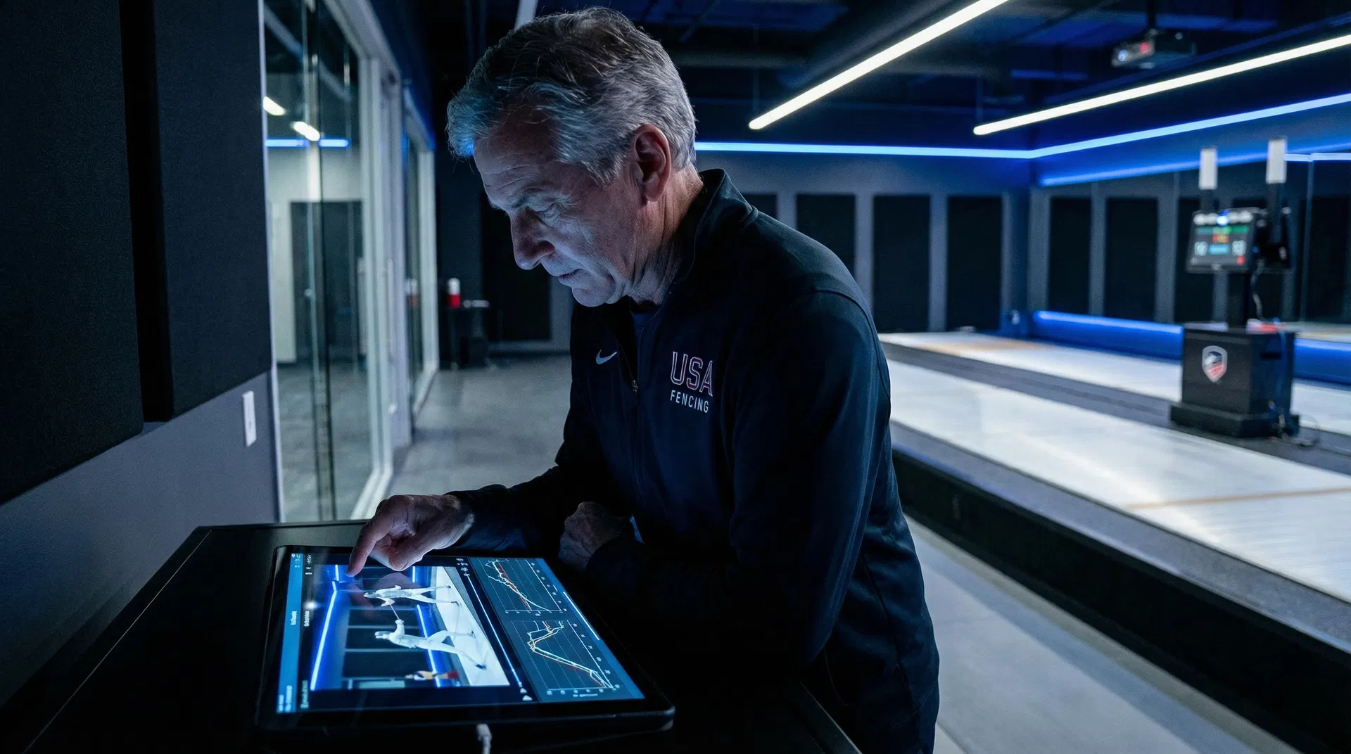 Coach analyzing fencing technique on tablet