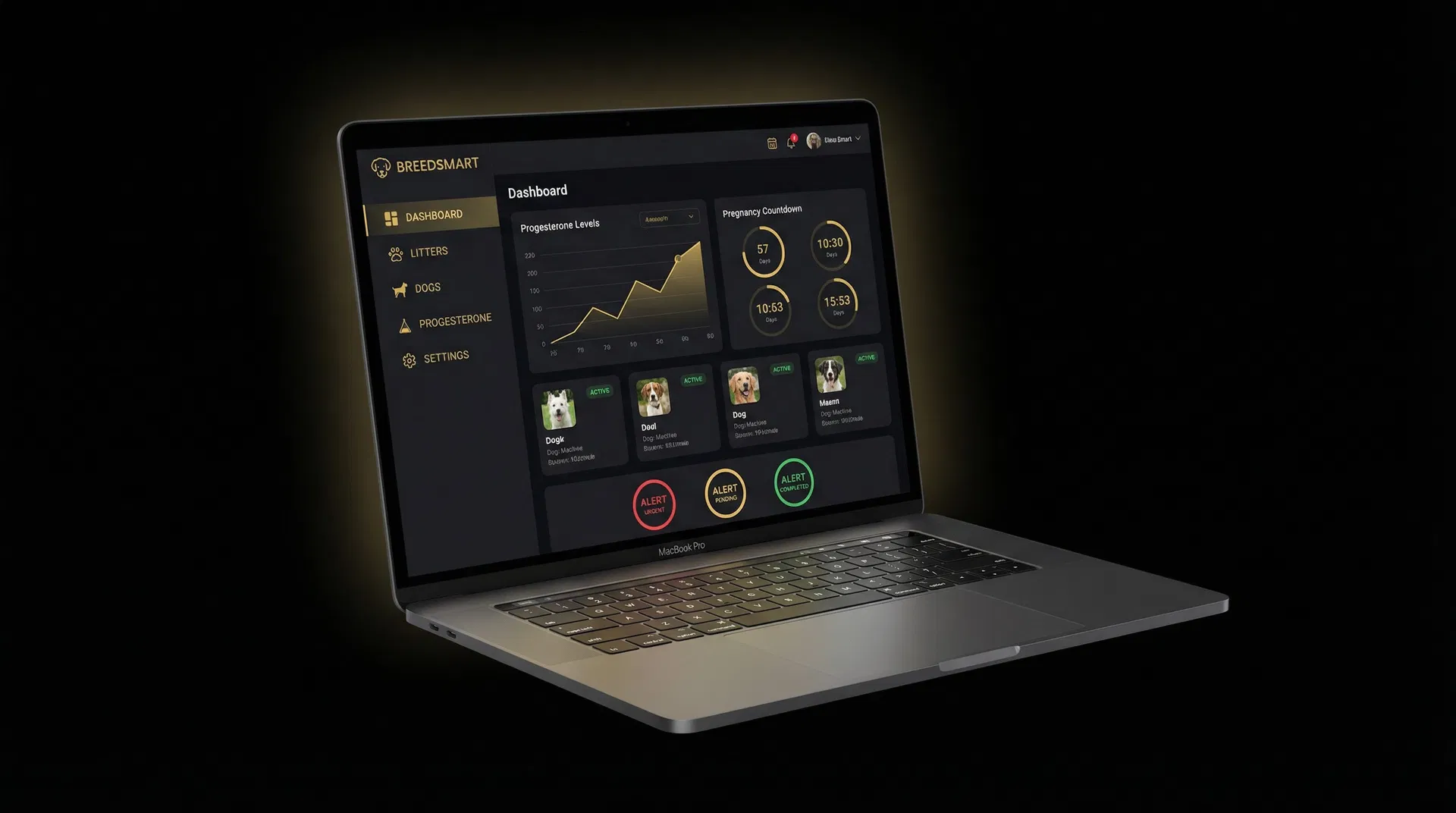 BreederSync dashboard showing progesterone charts, pregnancy countdowns, and dog profiles