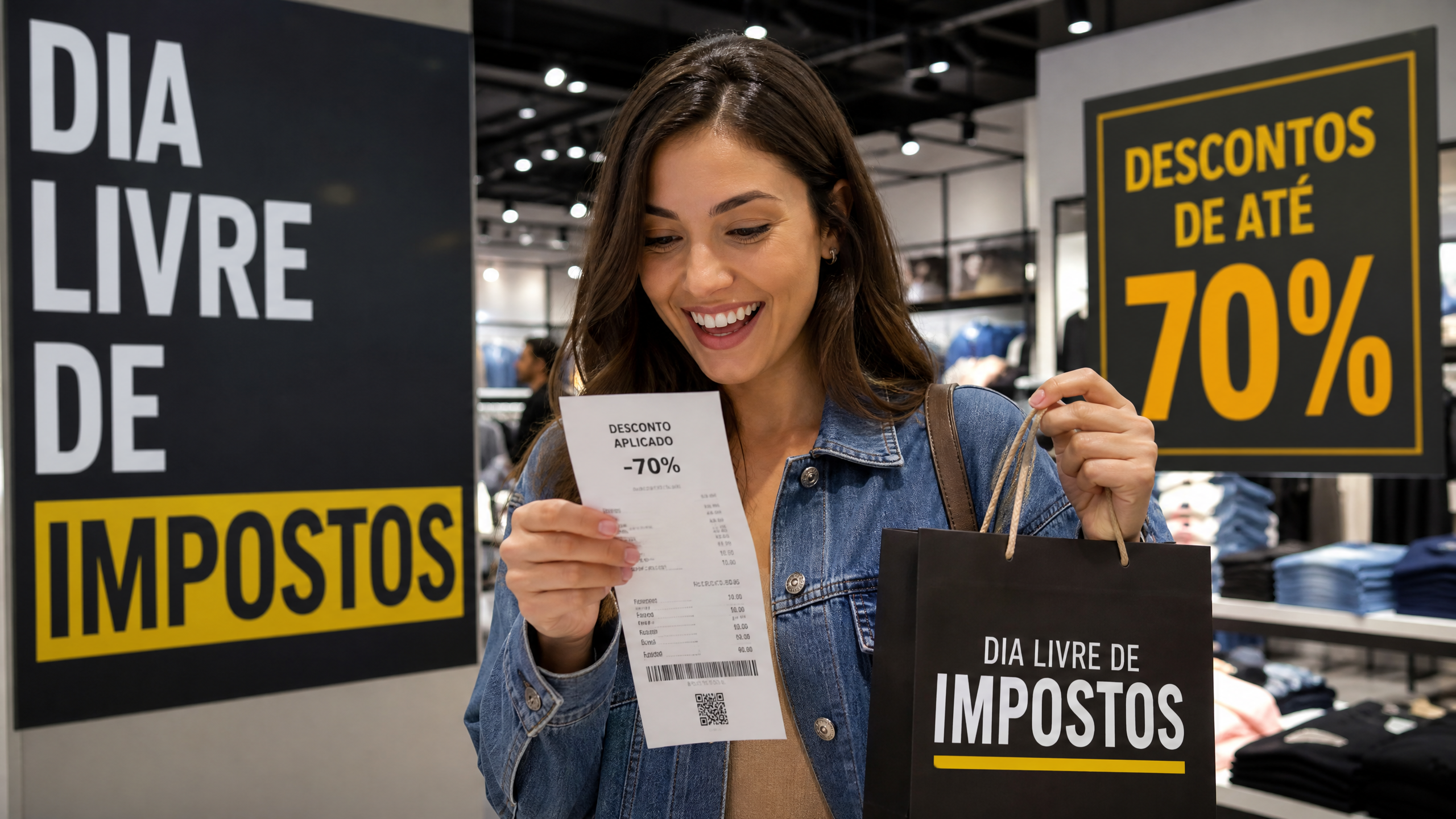 Consumidora feliz com descontos no Dia Livre de Impostos