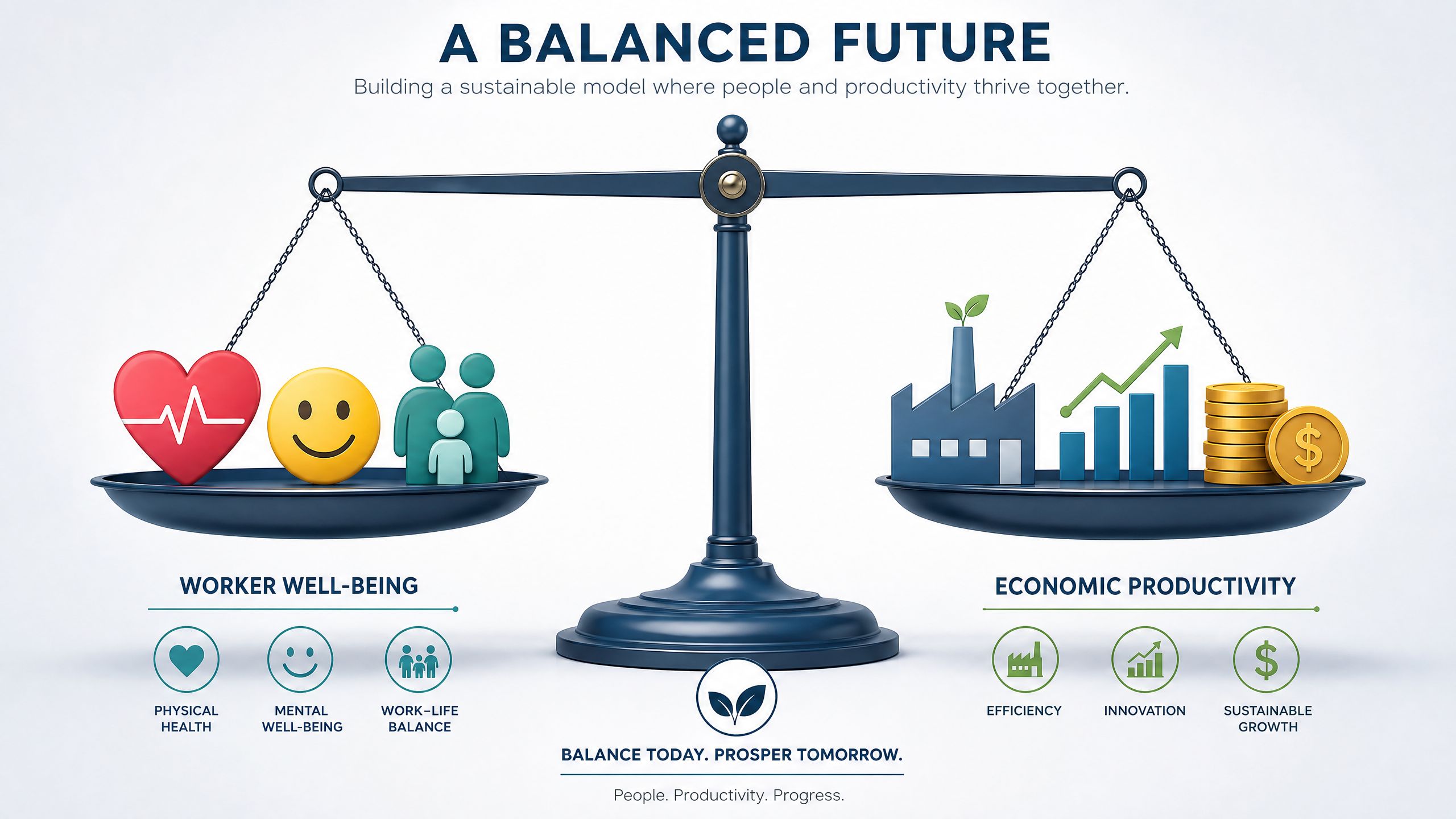 Balança representando o equilíbrio entre bem-estar do trabalhador e produtividade econômica