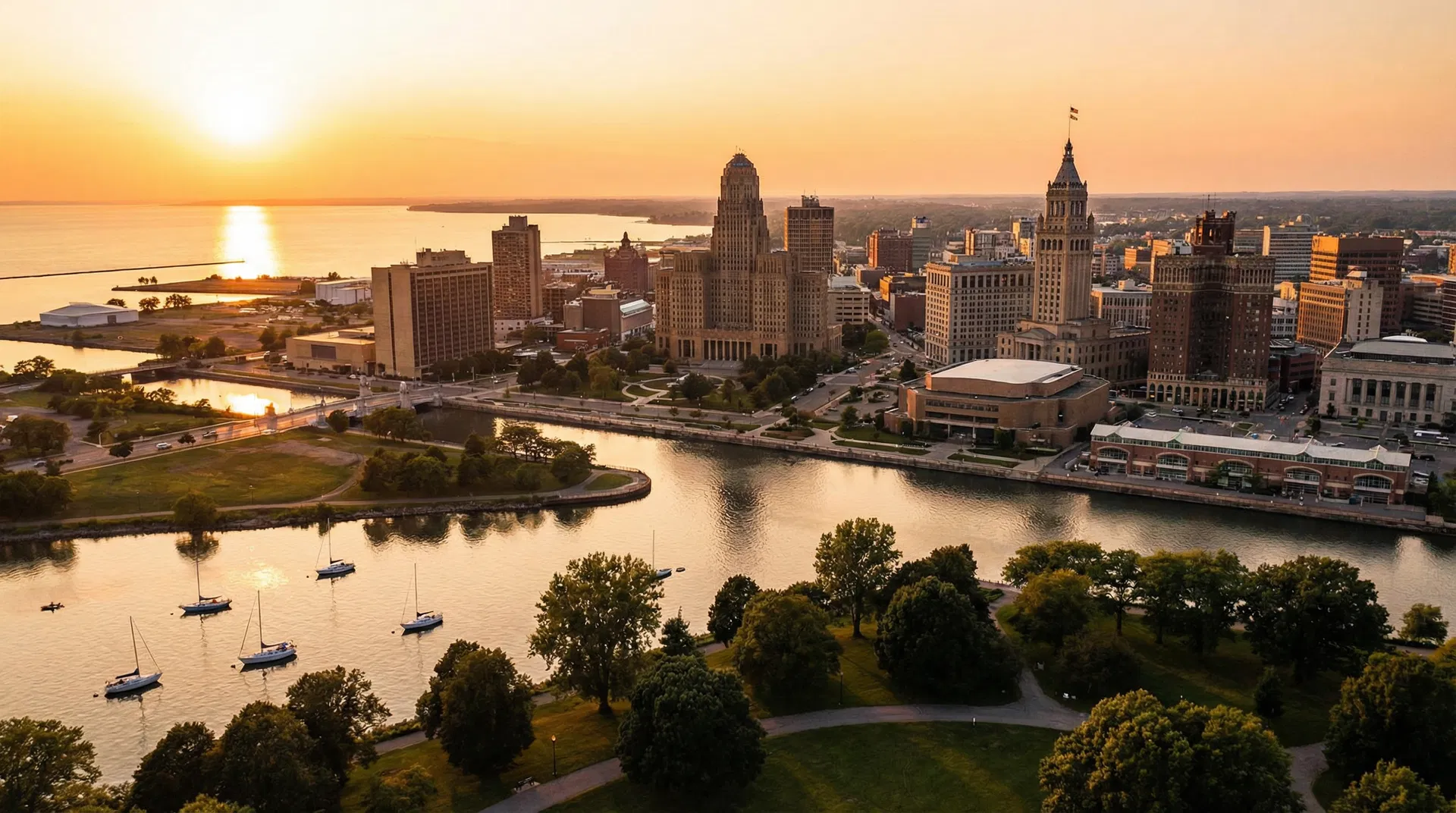 Buffalo, NY skyline at sunset