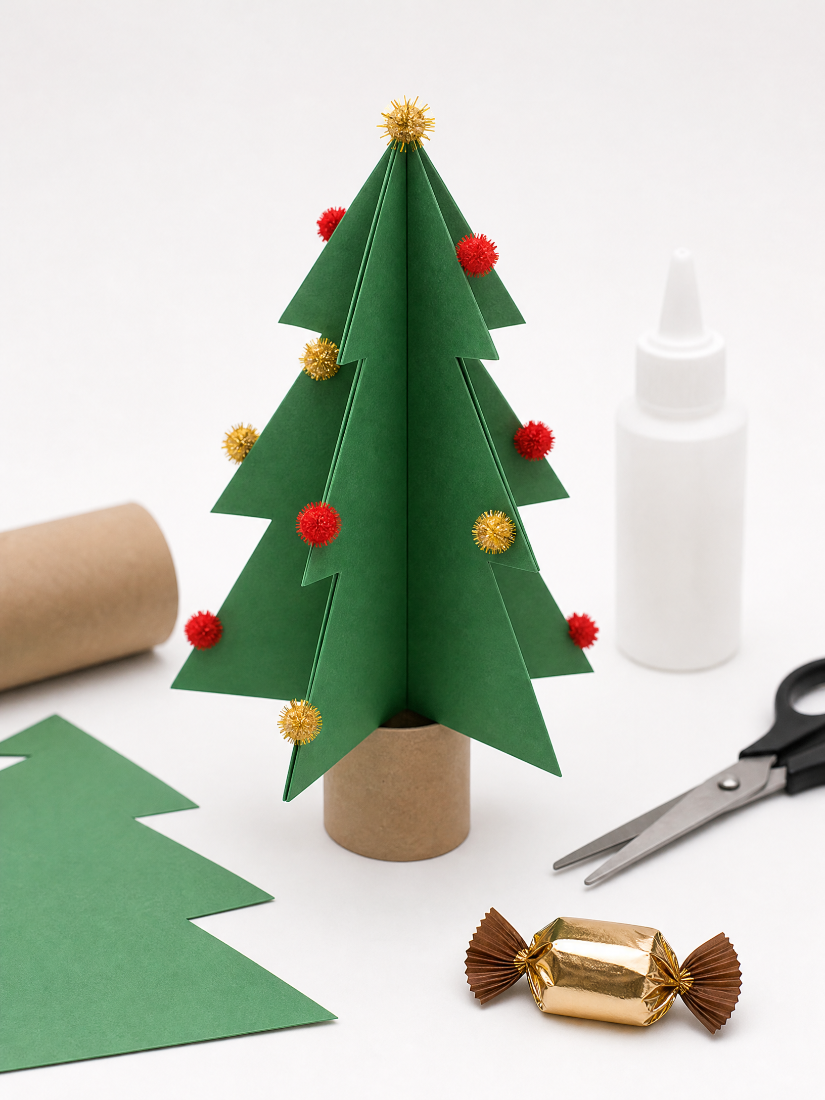 Mini árvore de Natal DIY feita com papel verde, pompons e rolinho de papelão