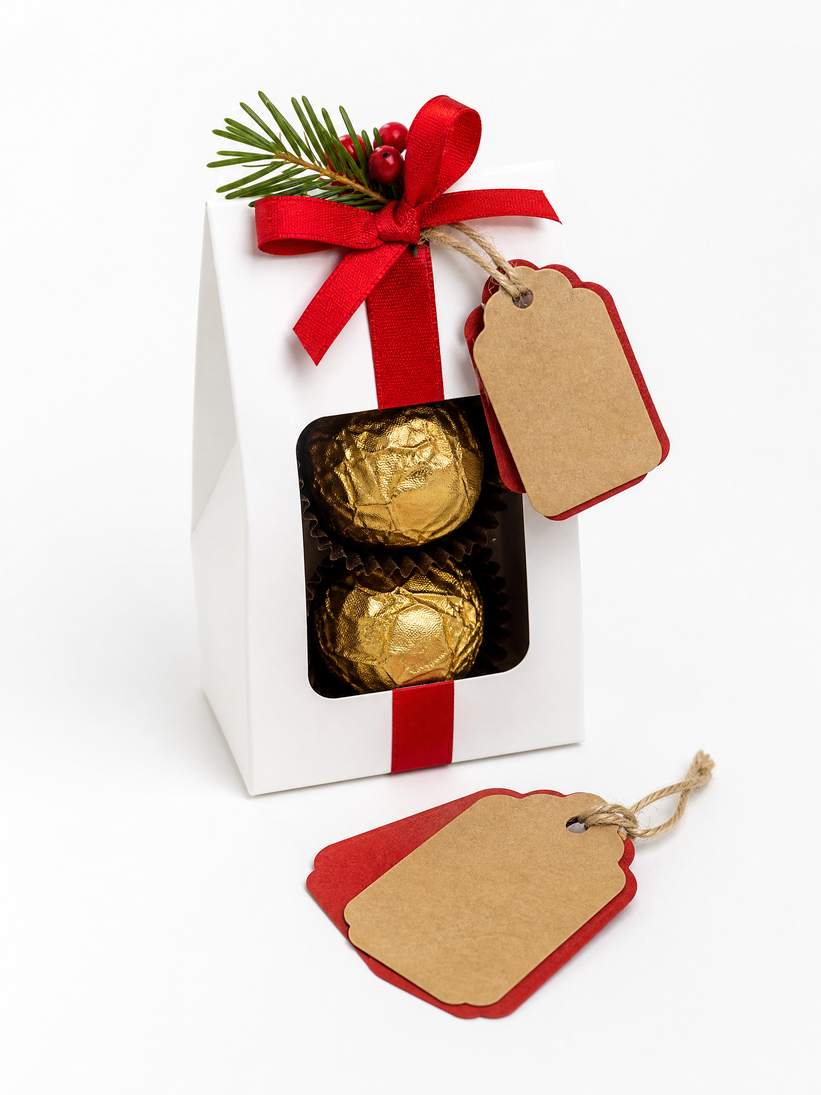 Caixinha branca com bombons dourados e laço vermelho para lembrancinha escolar de Natal