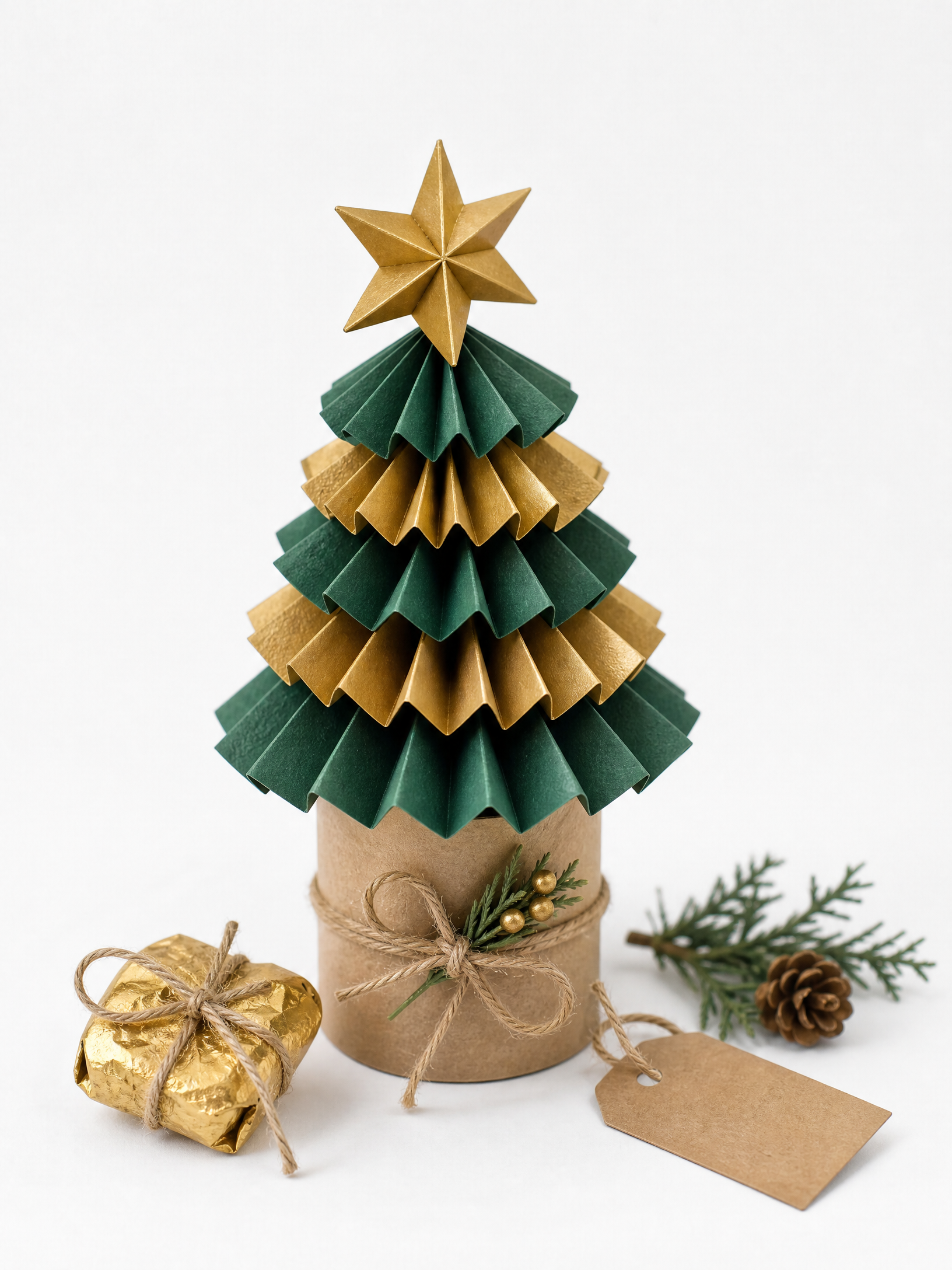 Miniárvore de Natal feita com rolo de papelão