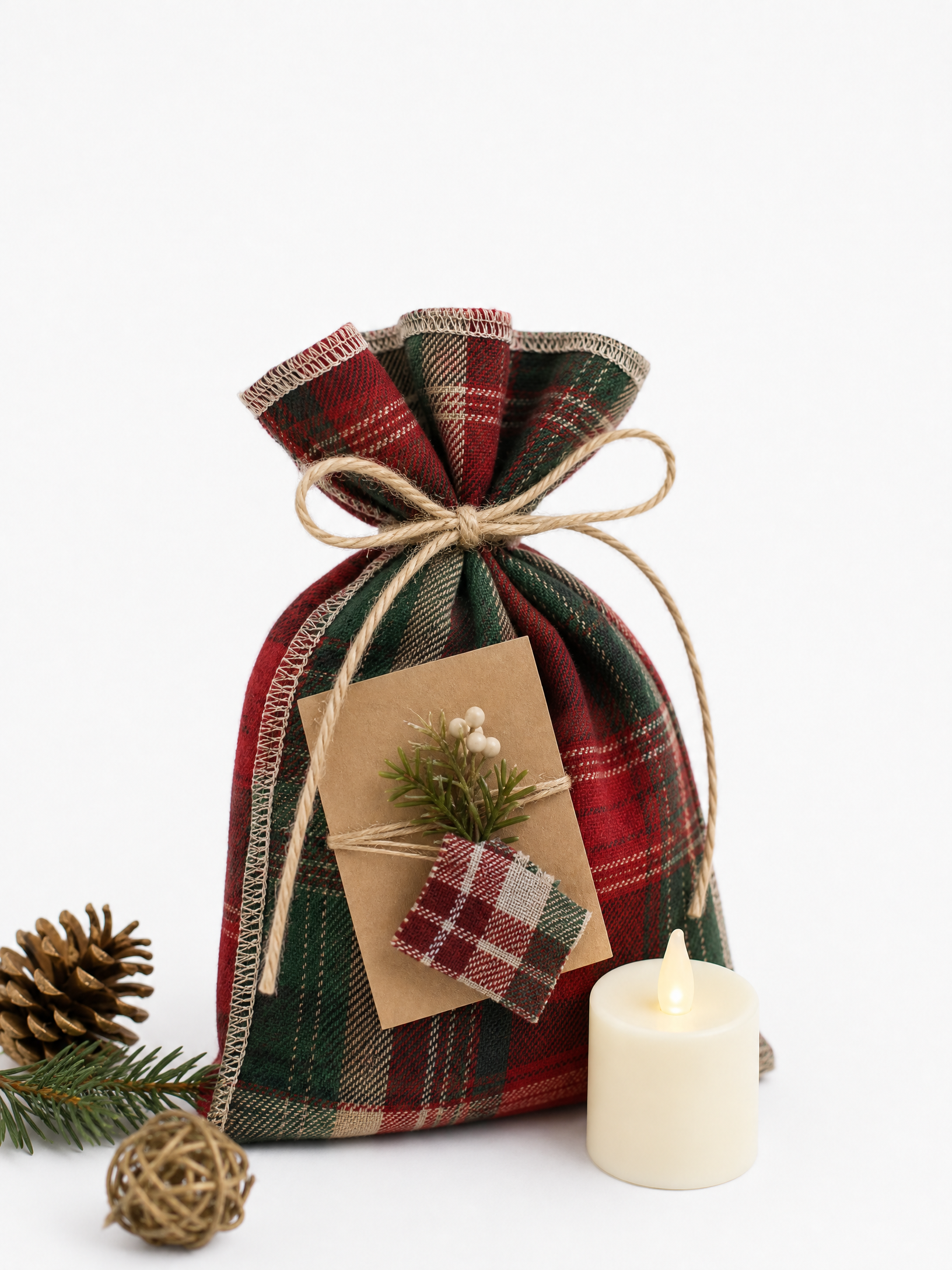 Saquinho de tecido reciclado com presente de Natal