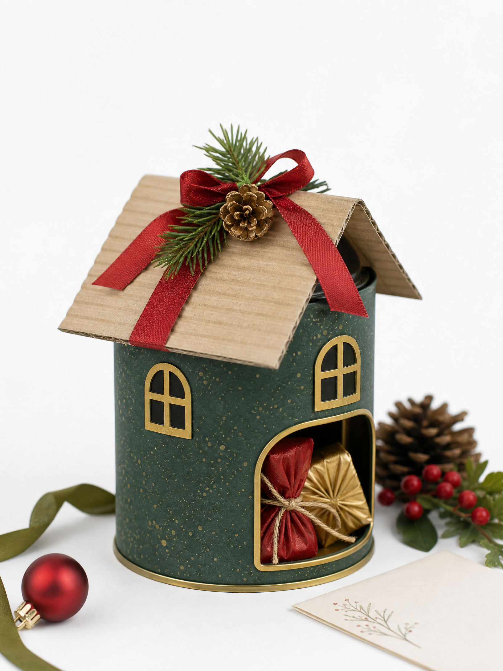 Lata reciclada transformada em casinha de Natal