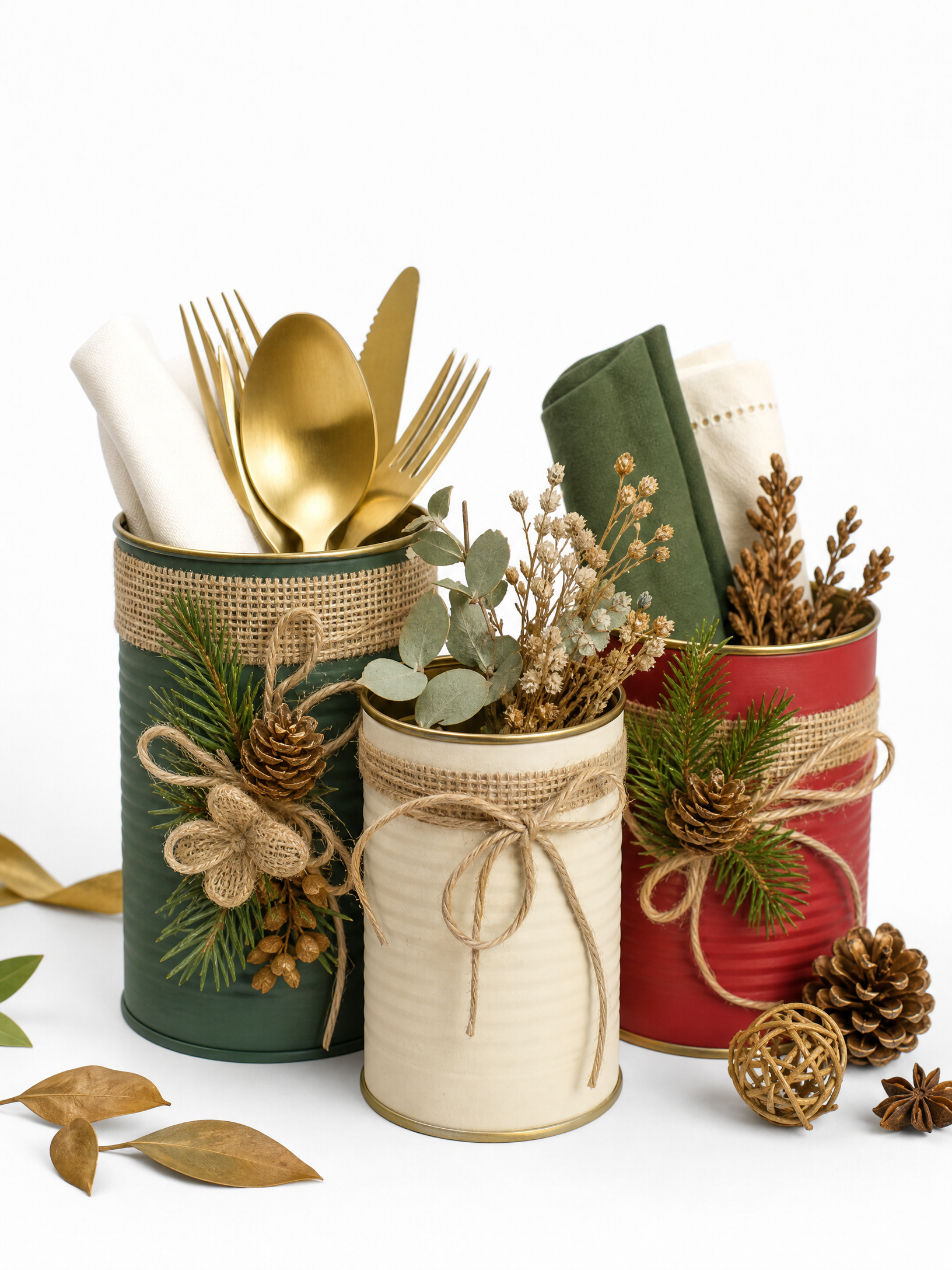 Conjunto de latas recicladas como porta-objetos natalinos