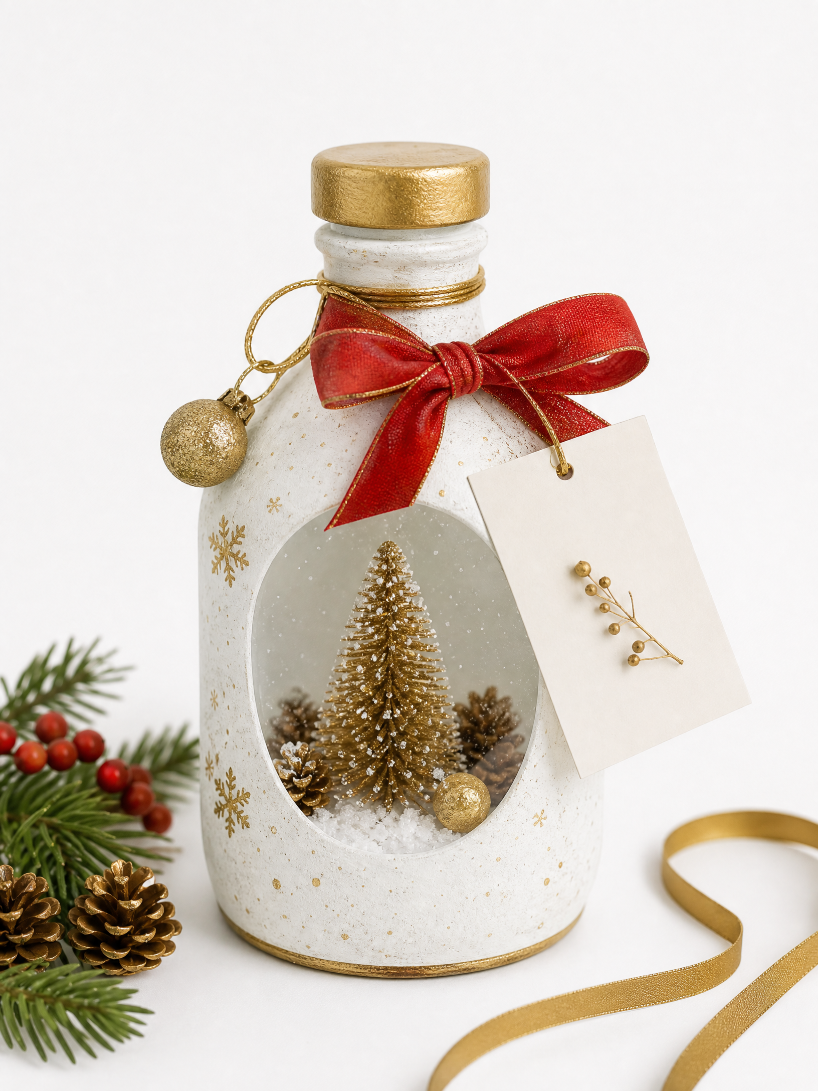 Garrafa reciclada com decoração natalina de neve