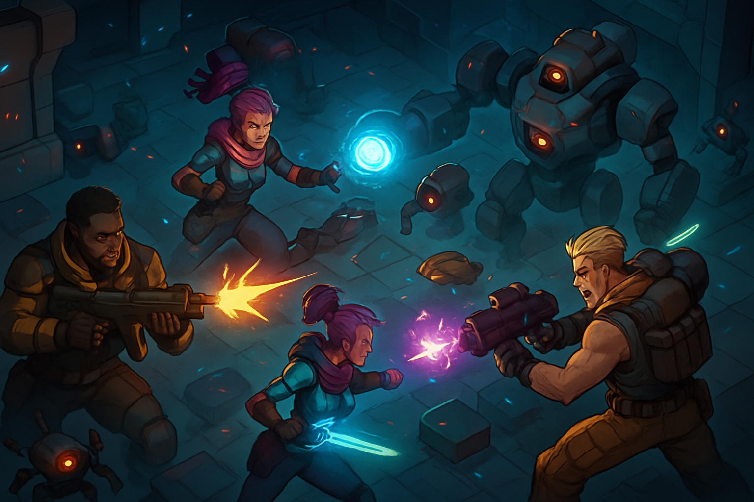 Image: Heroes fighting robots