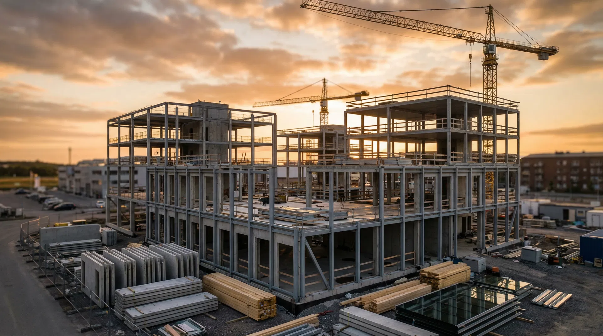 Moderne byggeplads ved solnedgang