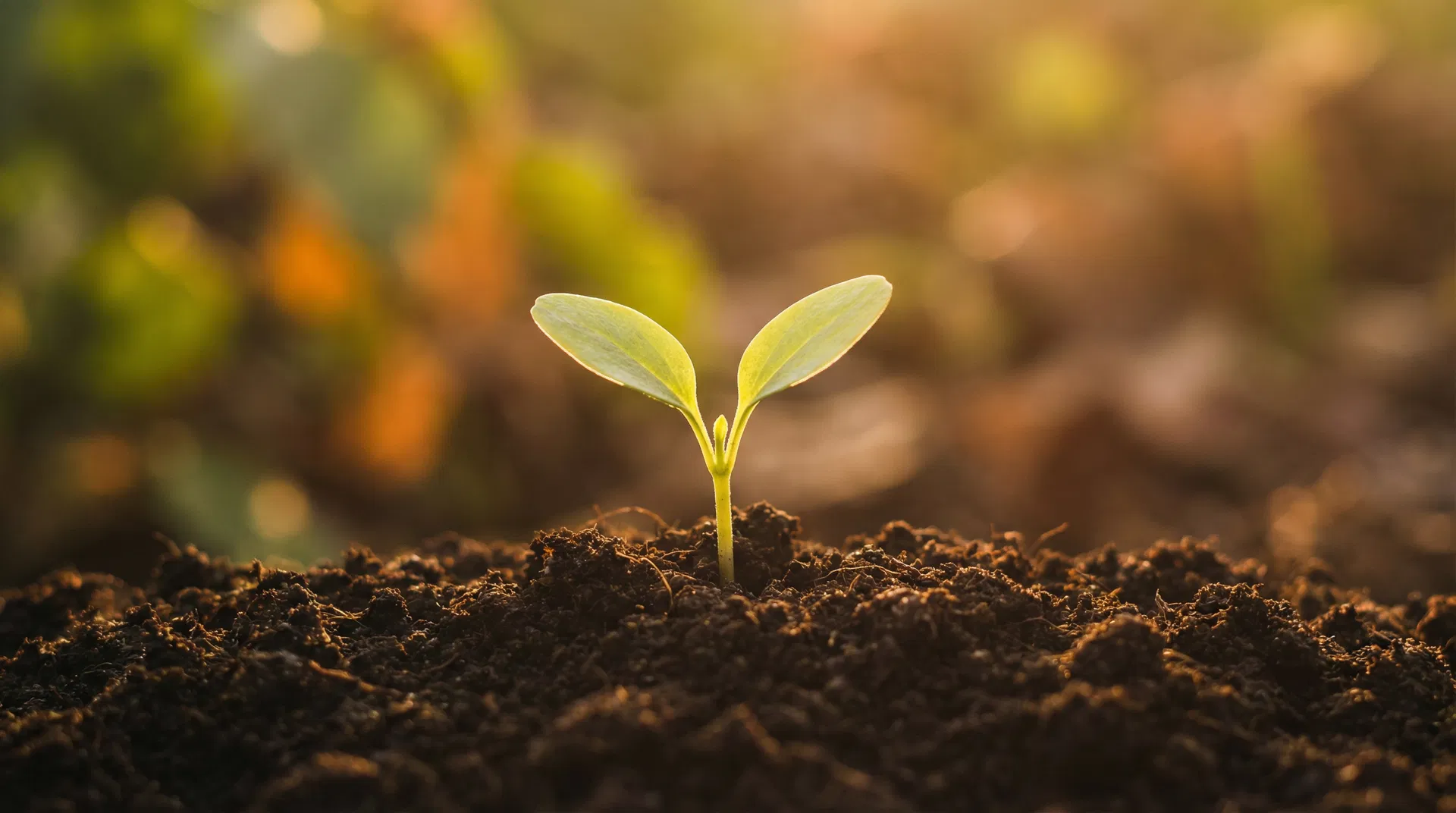 A seedling growing from rich soil in warm golden light, symbolizing leadership growth