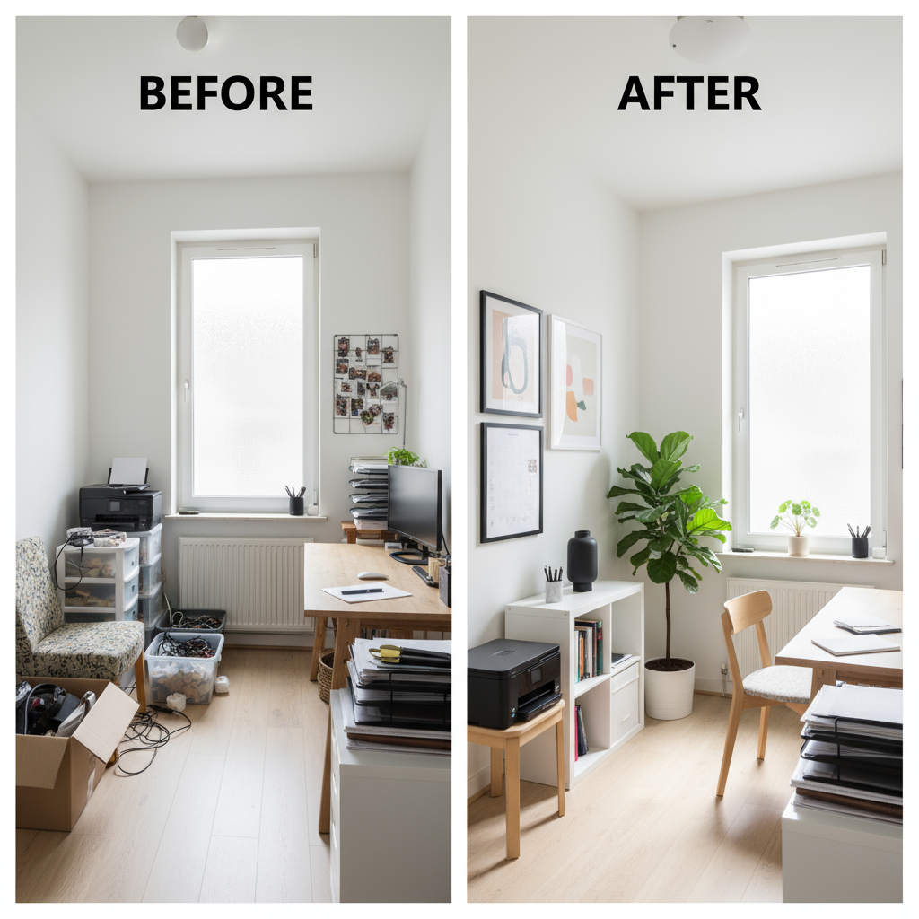 Before and after comparison showing transformation from cluttered, disorganized home office workspace to clean, minimalist setup with organized desk, proper lighting, and streamlined equipment