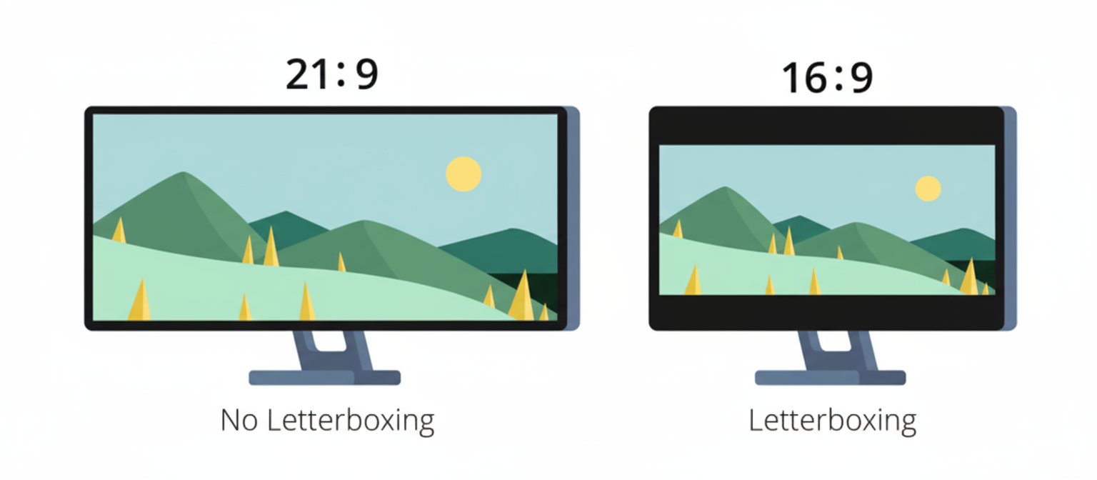 Comparison diagram showing 21:9 ultrawide monitor with no letterboxing versus 16:9 standard monitor with letterboxing, illustrating the visual workspace differences