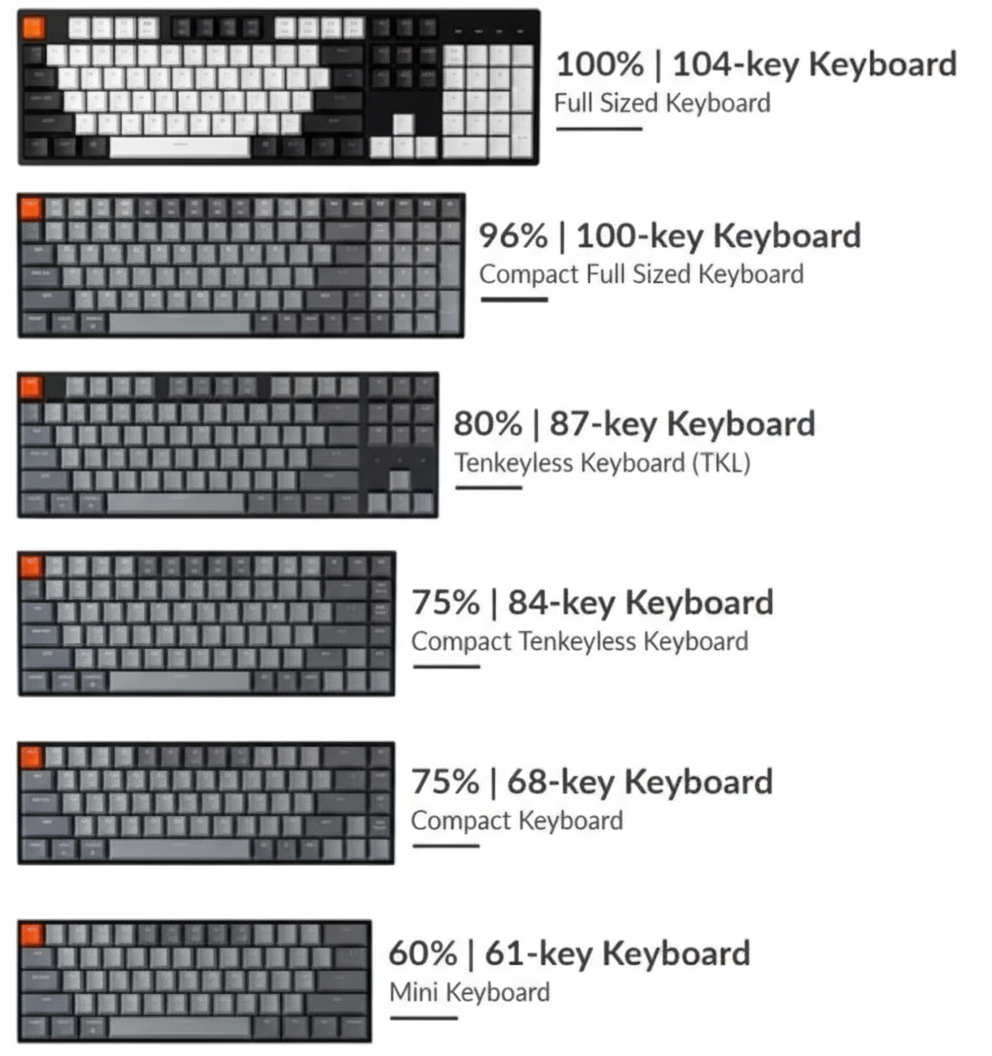Comprehensive keyboard size comparison chart showing six different form factors from 100% full-size (104-key) down to 60% mini keyboard (61-key), with percentages and descriptions for each layout