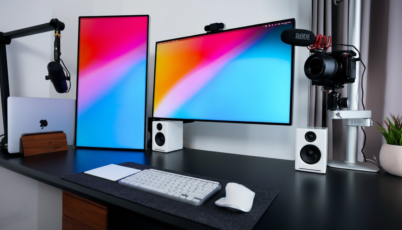 Professional dual monitor home office setup featuring clean cable management, desktop speakers positioned in triangle formation, boom arm microphone, ergonomic keyboard and mouse, with bias lighting and organized workspace