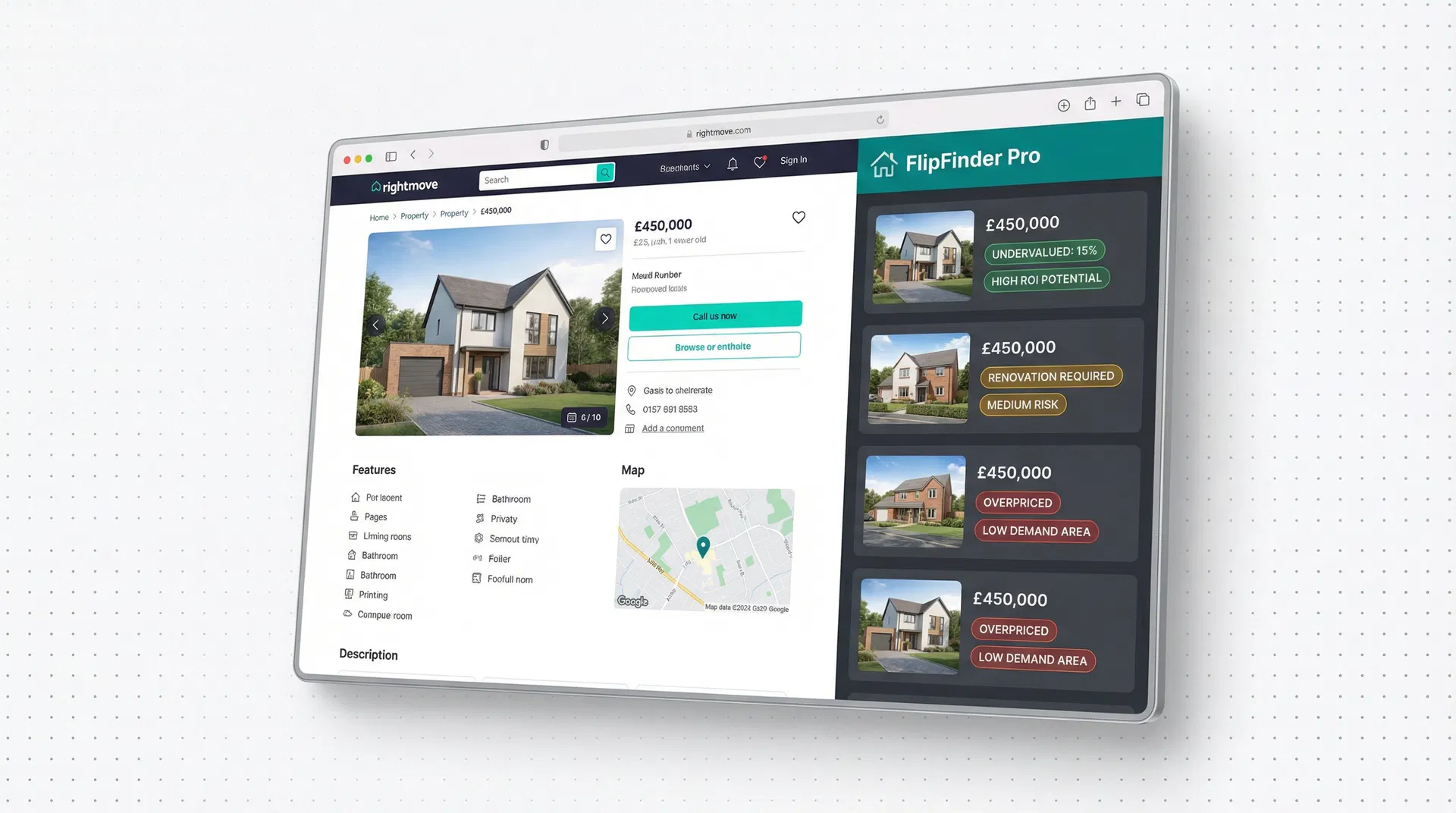 FlipFinder Pro extension running on Rightmove