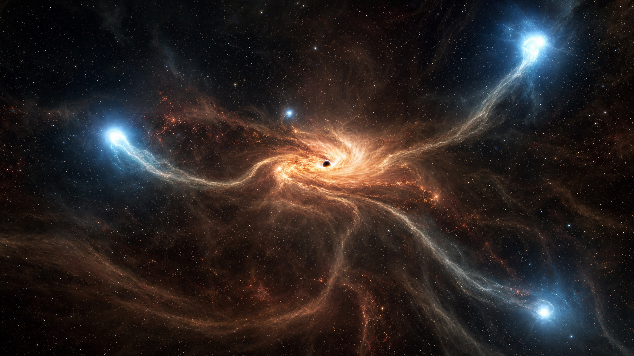 Ilustração artística do buraco negro supermassivo Sagittarius A* no centro da Via Láctea, cercado por ventos estelares e filamentos de gás