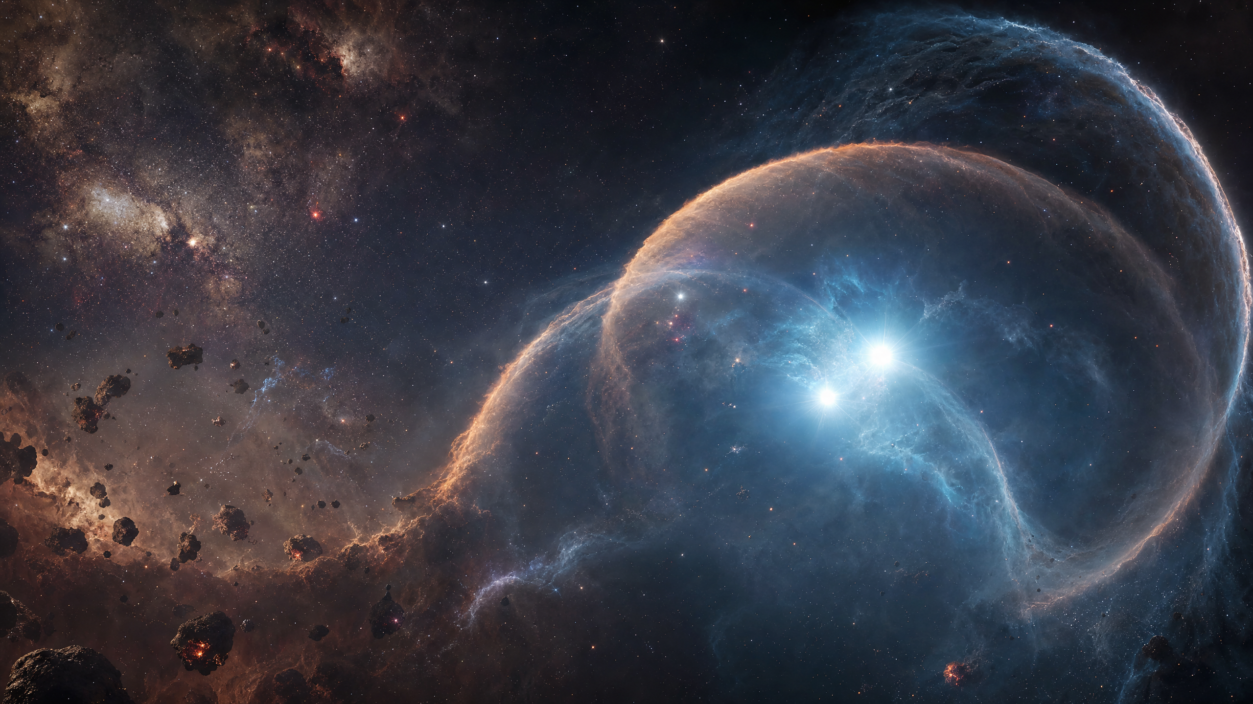 Sistema estelar binário Wolf-Rayet IRS 16SW emitindo ventos estelares poderosos que formam bow shocks e aglomerados de gás