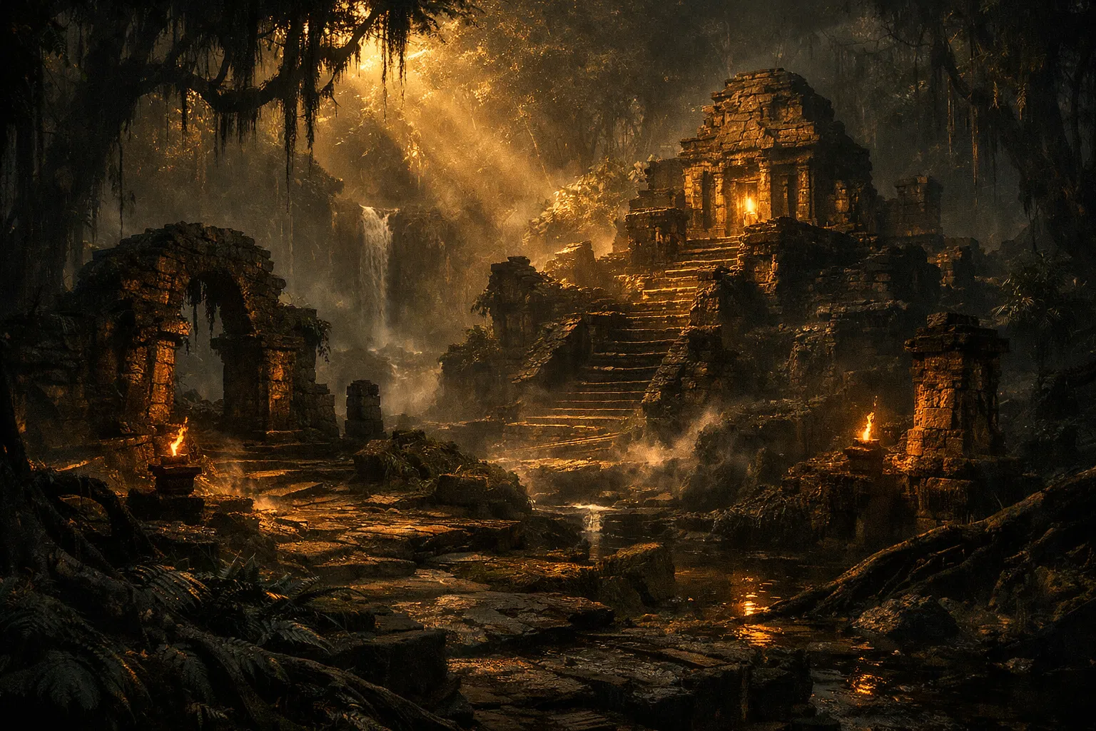 Ancient ruins with golden light