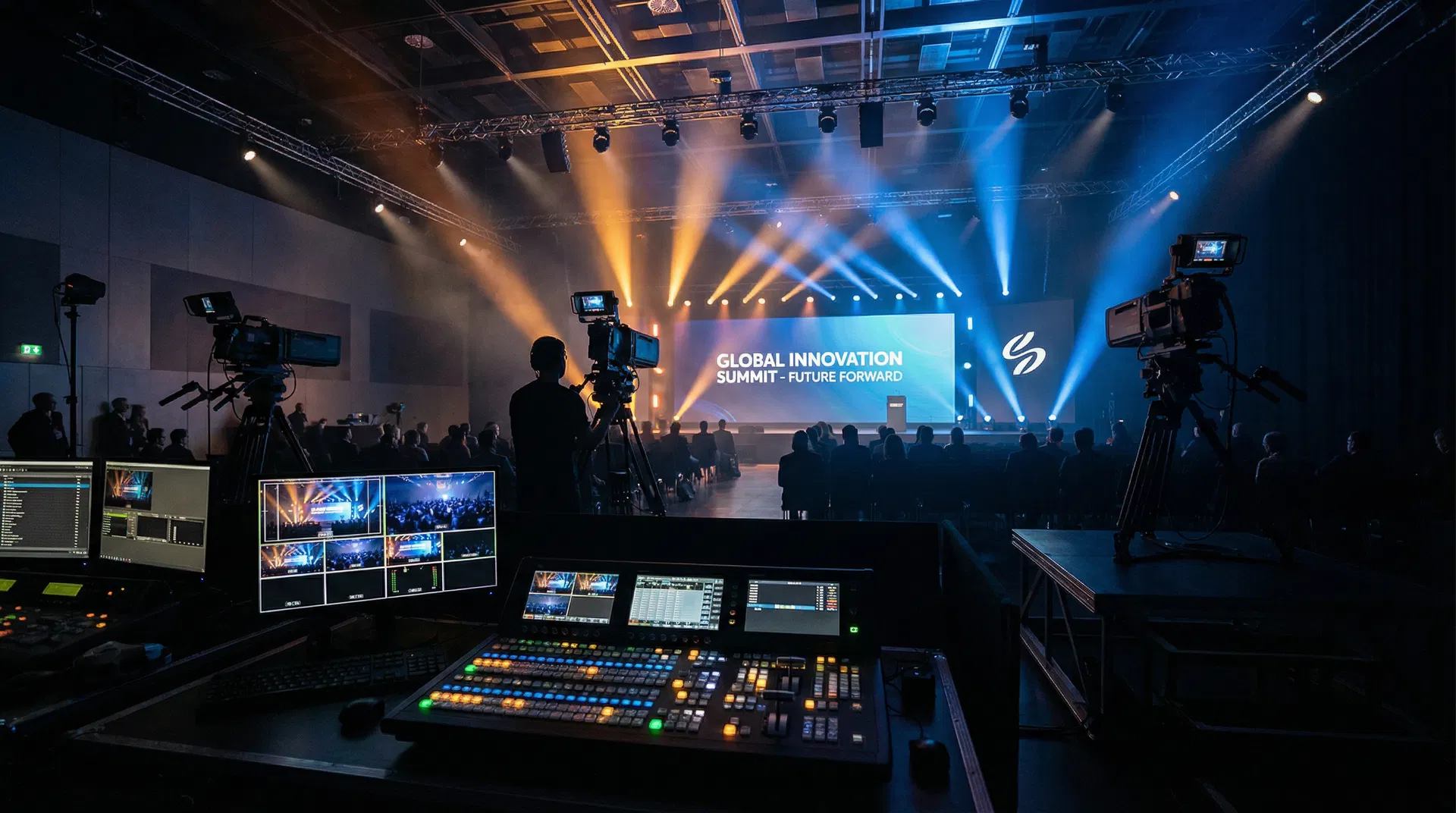 Corporate event production setup with multi-camera switcher and professional lighting