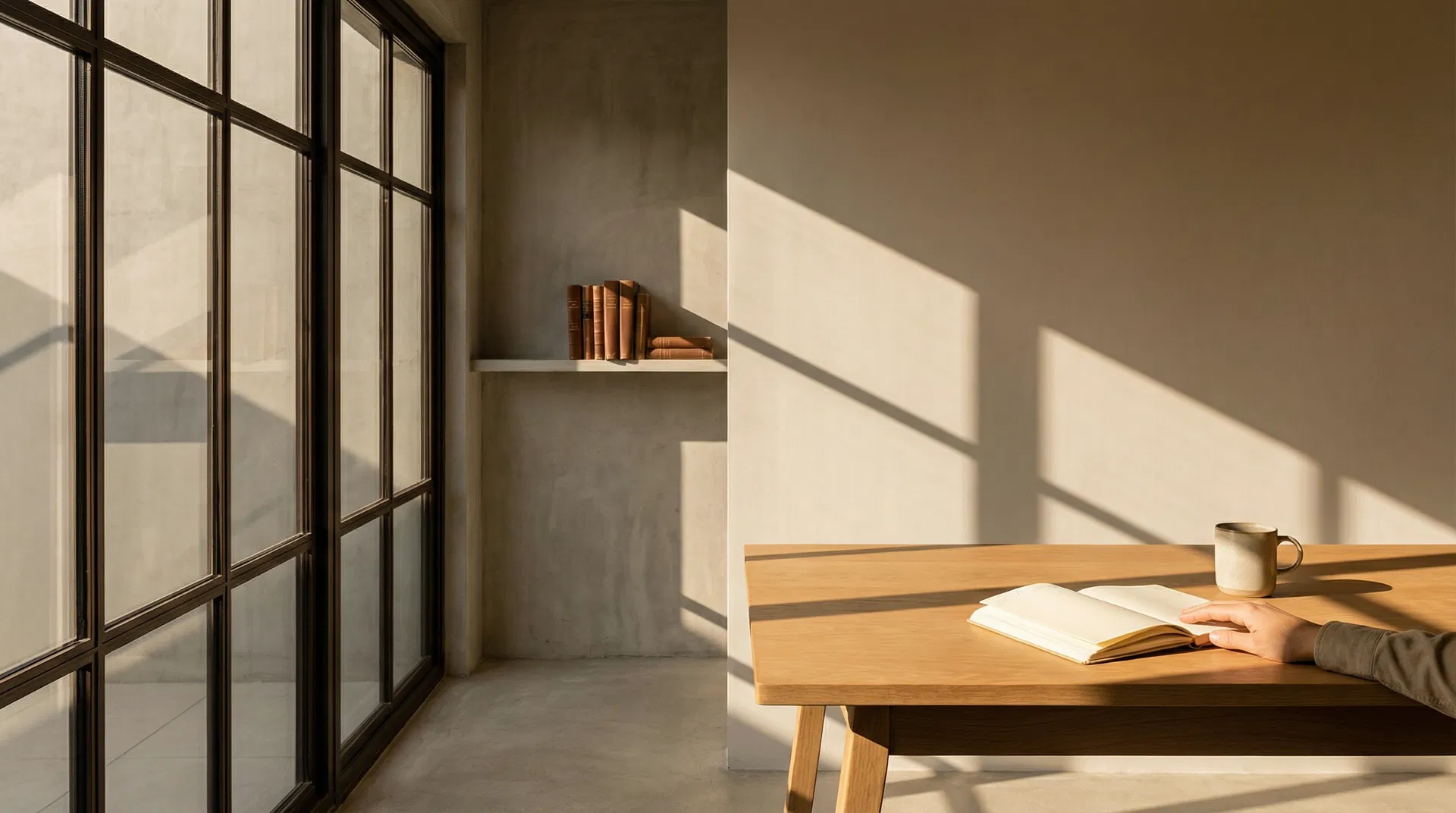 A hand resting on an open journal at a clean desk, geometric shadows from windows
