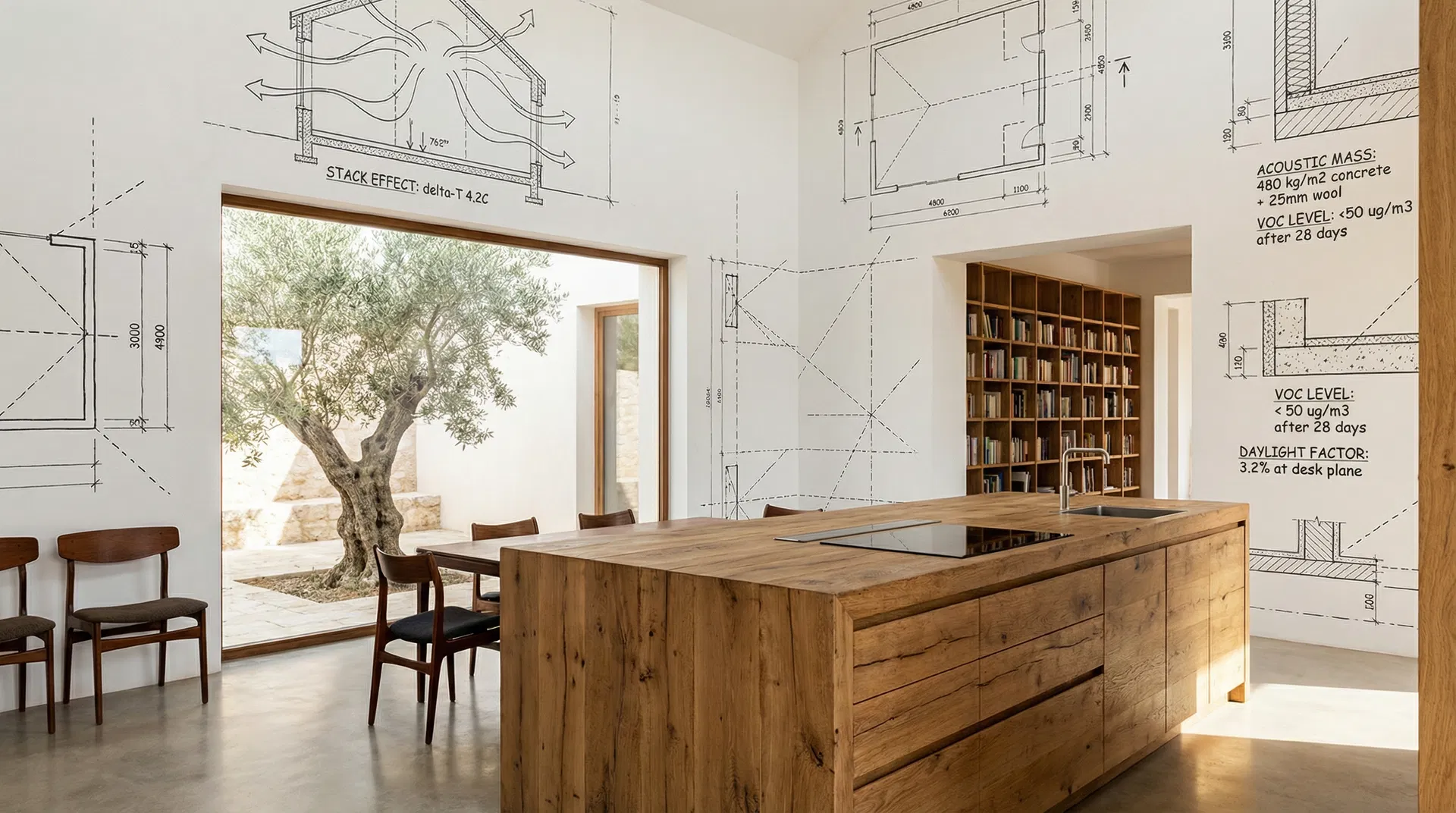 Architectural study with oak desk, scientific instruments, and annotated blueprint overlays