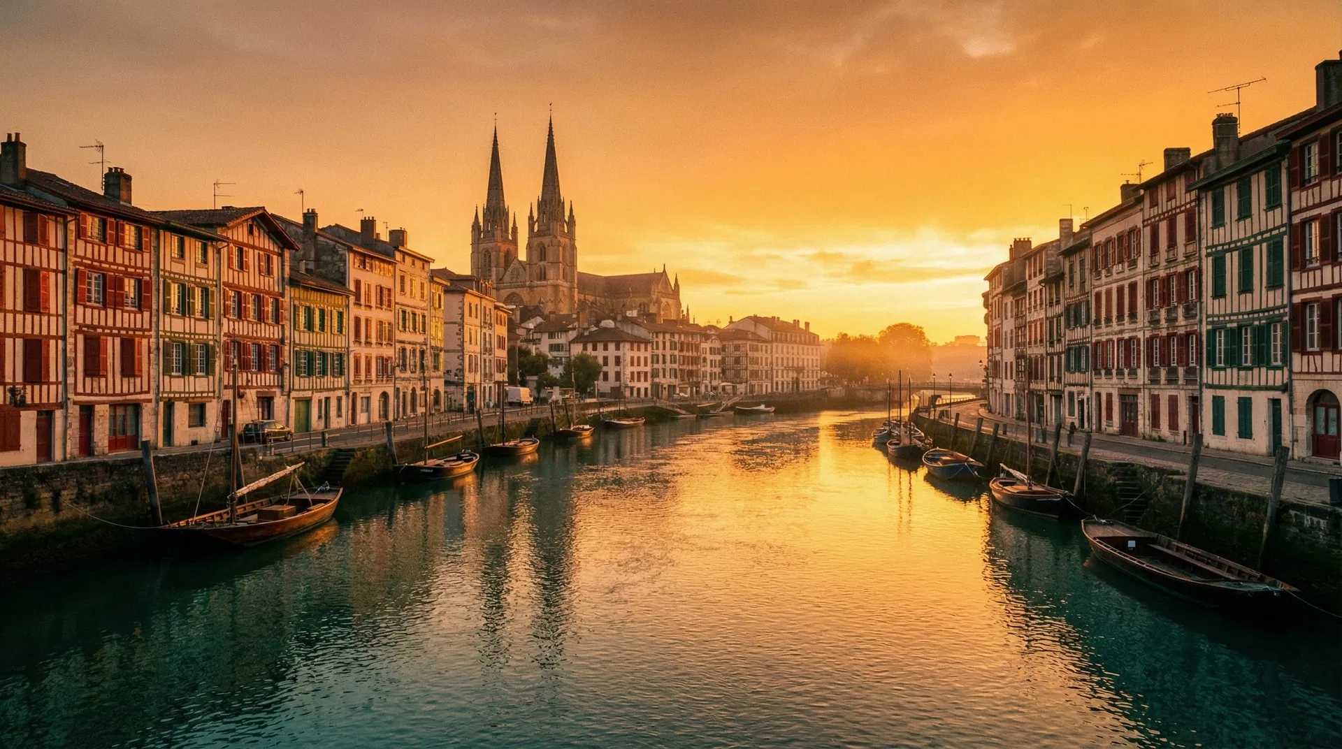 Bayonne, France — view of the Nive river and colorful buildings