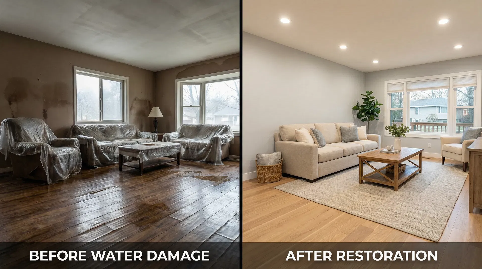 Before and after water damage restoration