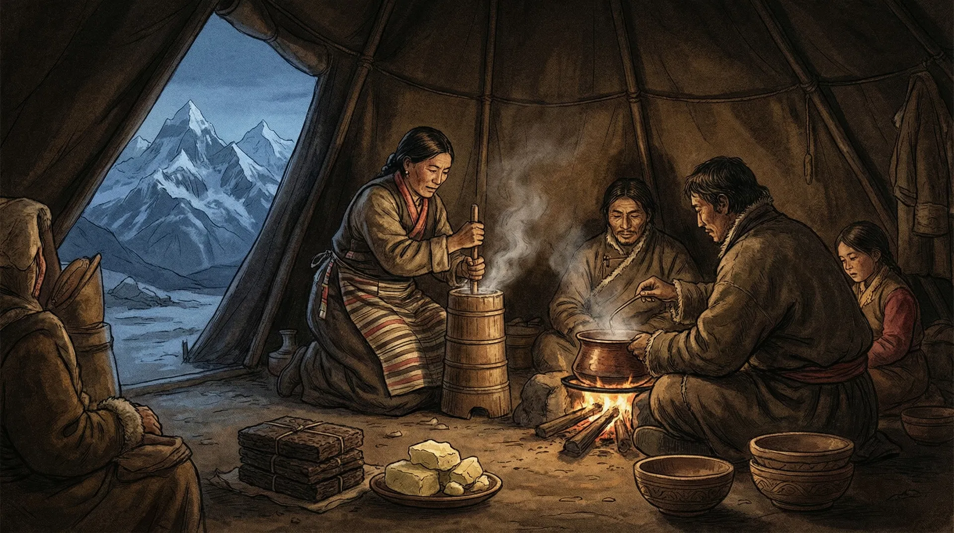 7世紀のチベットでバター茶を準備する遊牧民の家族