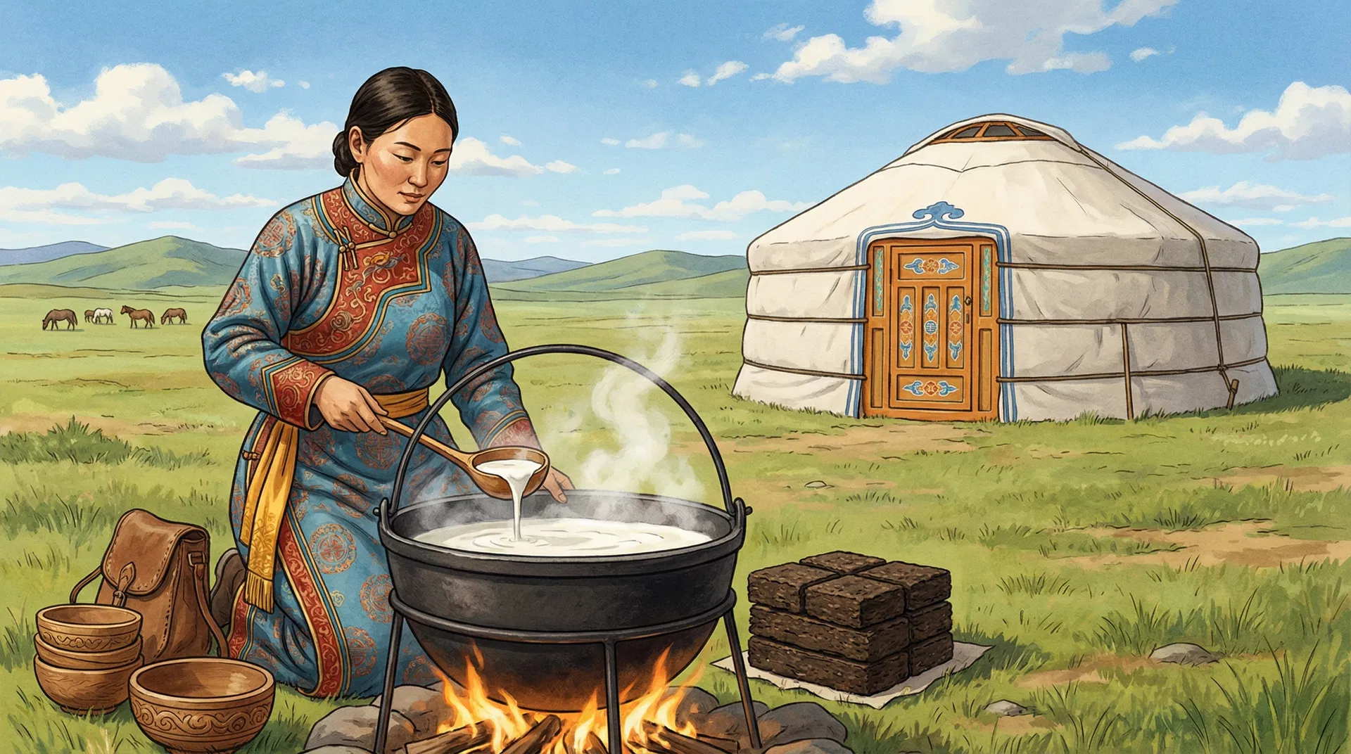 17世紀のモンゴル草原でミルクティーを準備する遊牧民