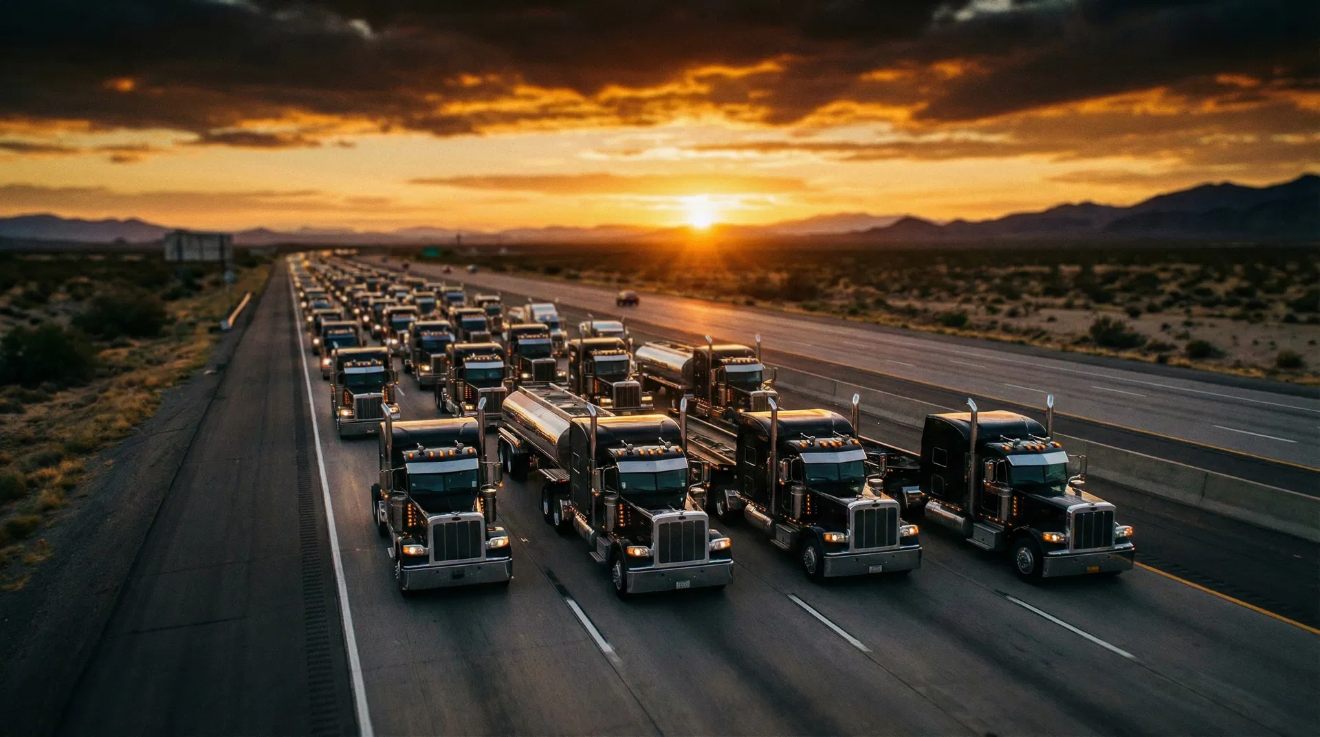 Fleet of trucks at sunset