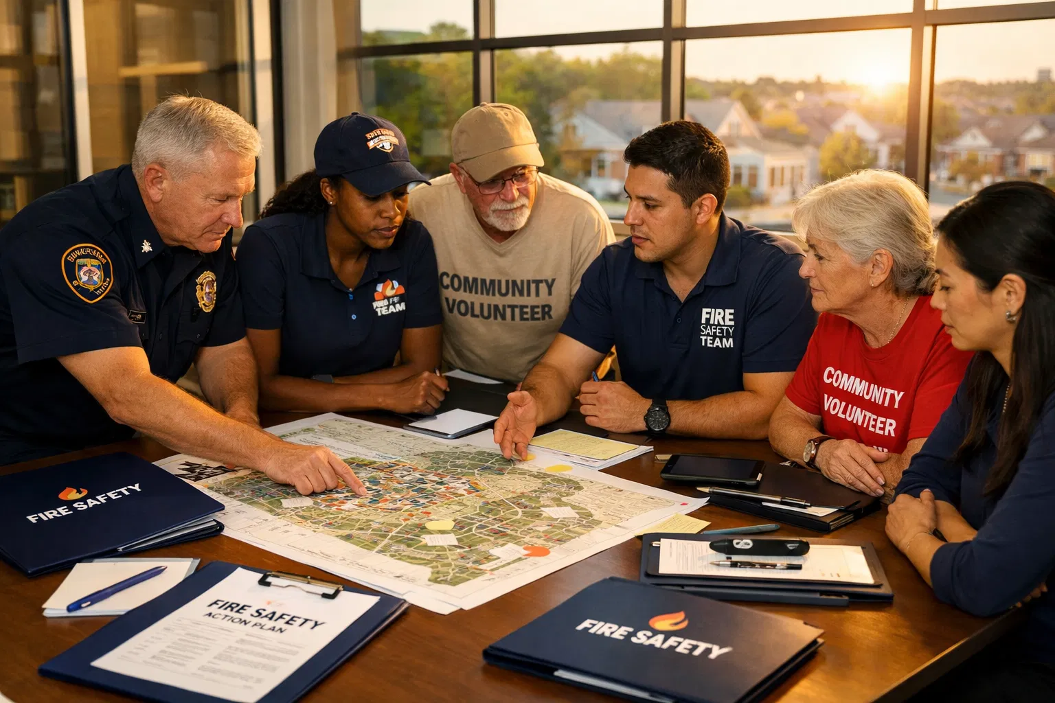 Fire safety team reviewing prevention plans together