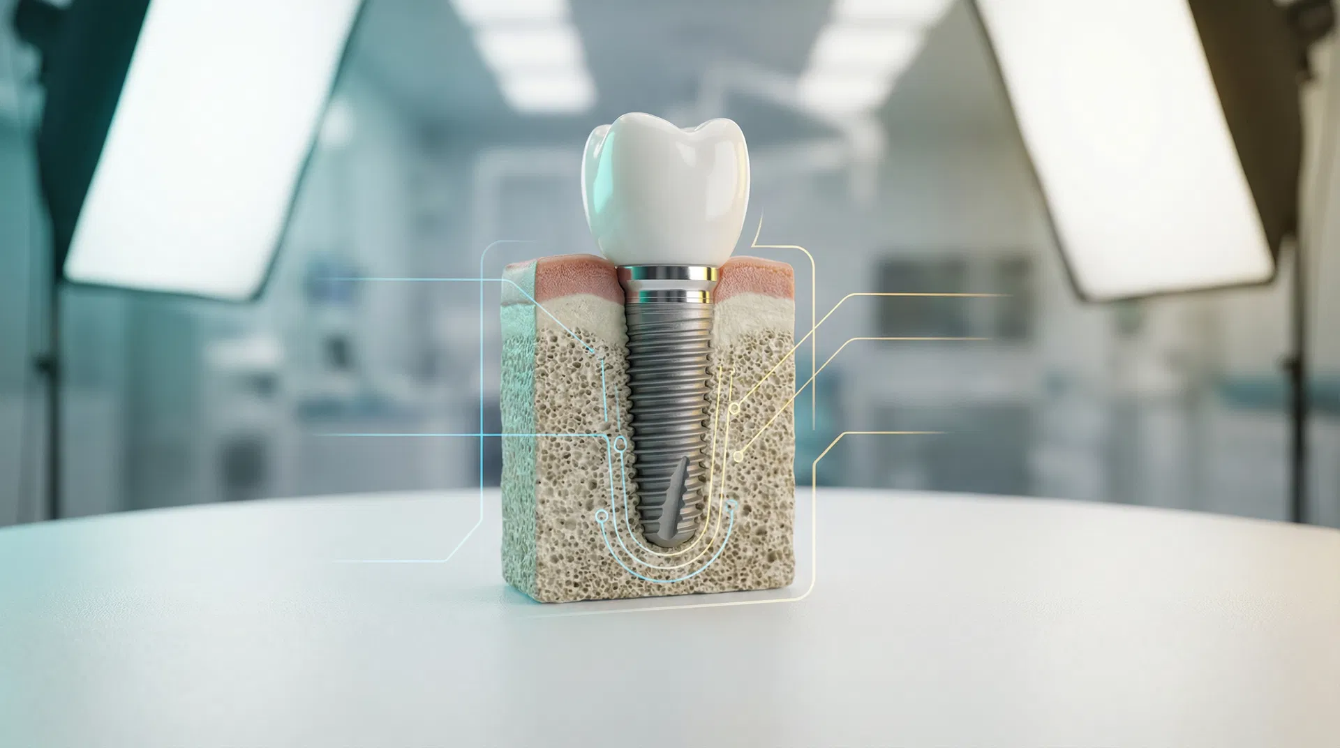Dental implant cross-section showing titanium screw integrated with jawbone and ceramic crown — available at Dr. Ahmed Nurein's clinic in Malindi Kenya