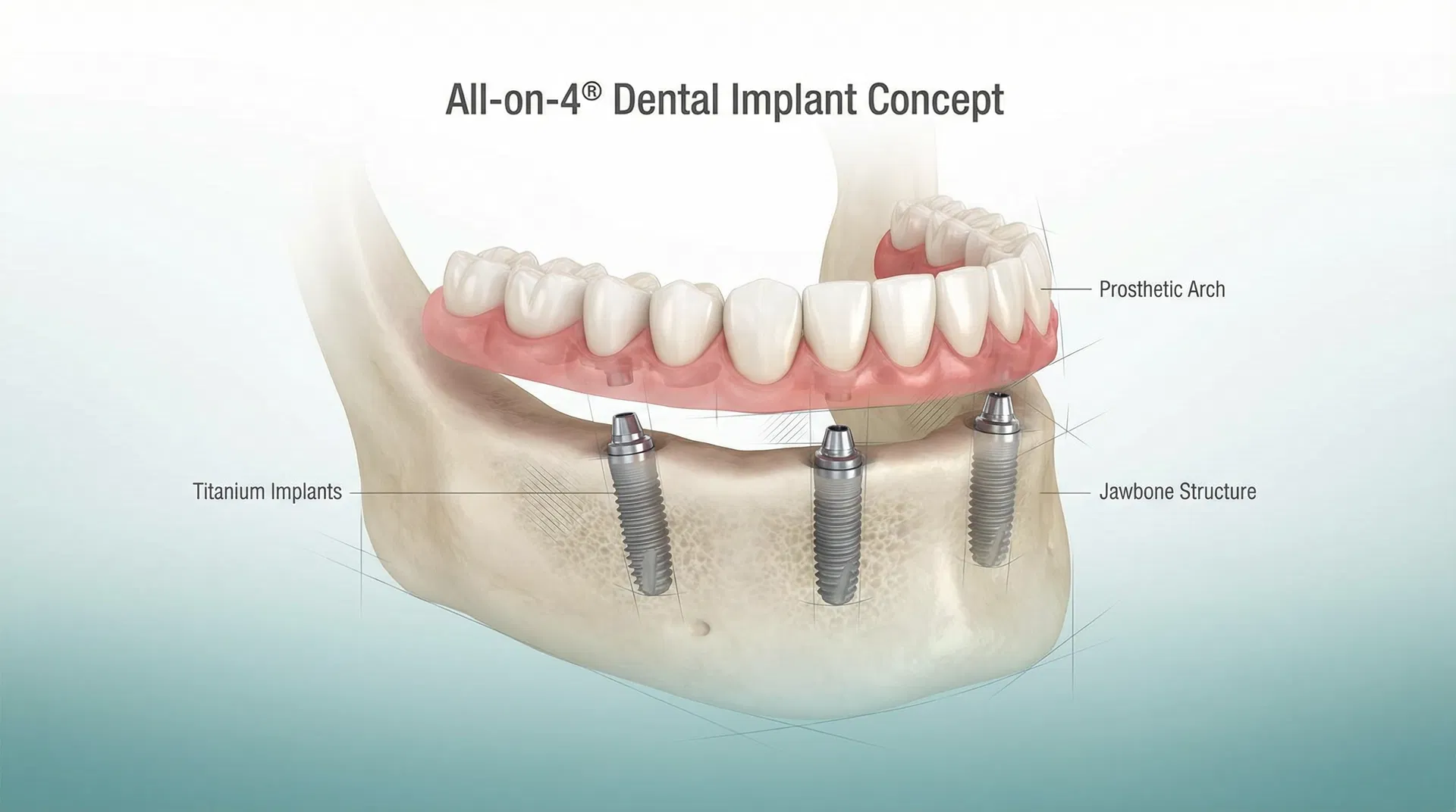 All-on-4 dental implant concept showing full arch of teeth supported by four titanium implants — Dr. Ahmed Nurein Malindi Kenya