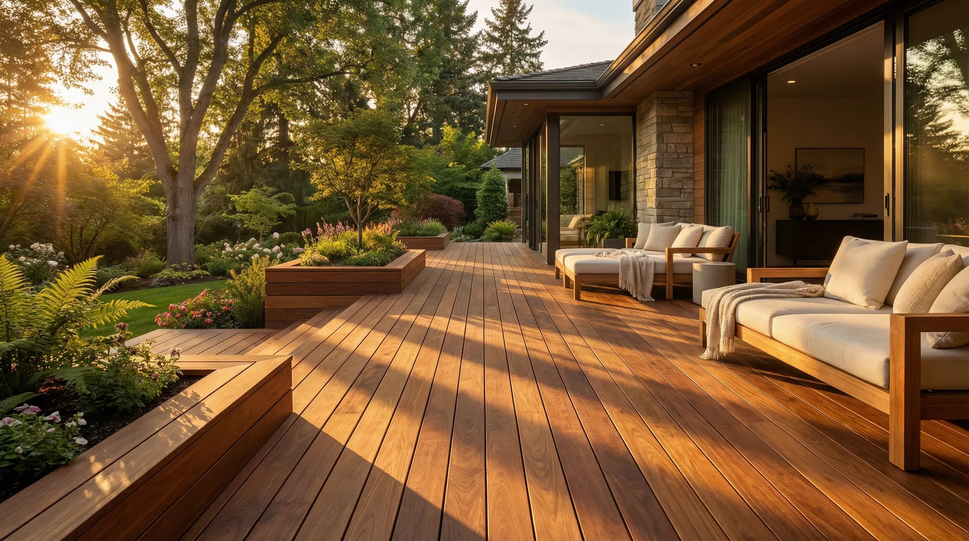Luxury wooden deck in a beautiful garden at sunset