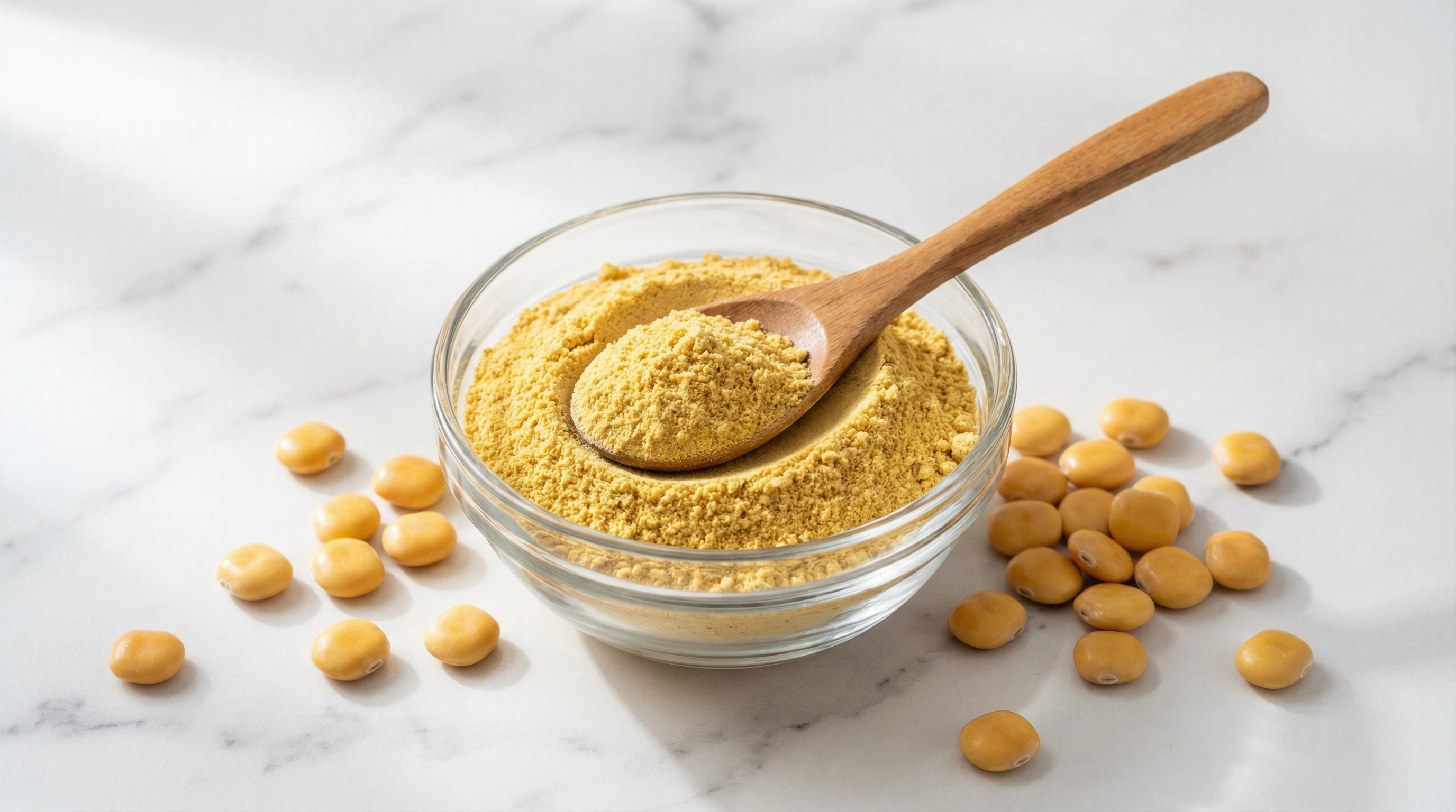 Lupin protein powder in a bowl with a wooden spoon and lupin beans scattered around.