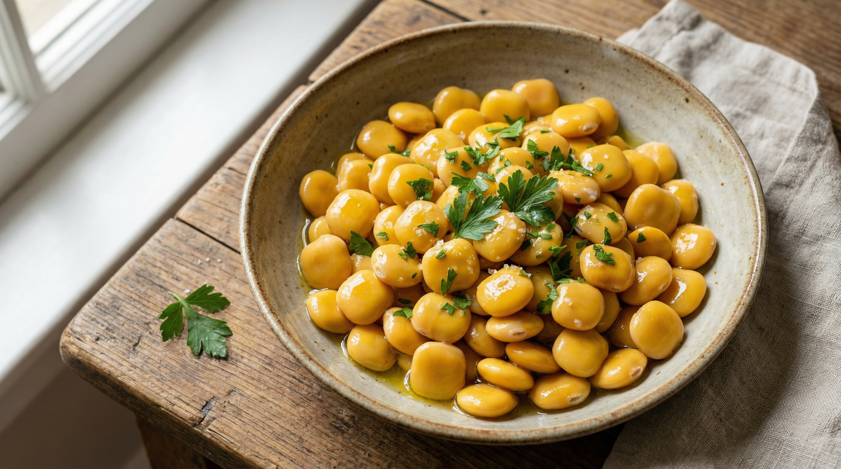 A bowl of cooked lupin beans garnished with parsley.
