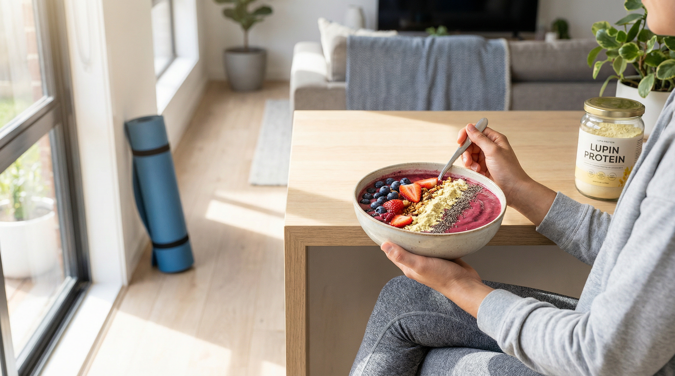 A person in athletic wear enjoying a smoothie bowl made with lupin protein powder.